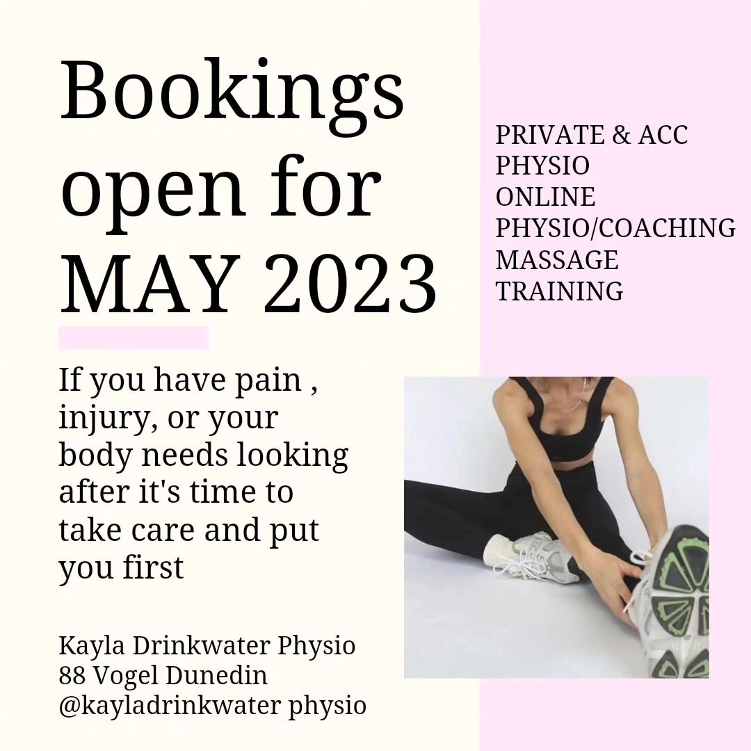 I have bookings avaliable for this month! 
If you wish to book in for 

~physio (acc, private, online)
~massage (deep tissue or relaxation) 
~training

Then book via the link. 
Send me a message if you have any queries or need an alternative time! 

