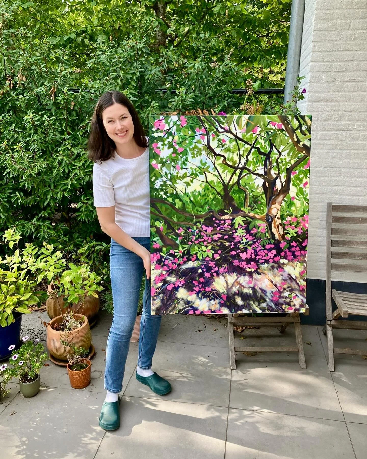 Fresh off the easel: 
Rhododendron Hideout, 80 x 100 cm, acrylic on canvas, 2025. 

Sometimes inspiration becomes a painting a while after the initial spark. This painting was inspired by a trip to a local park back in the spring of last year. It was
