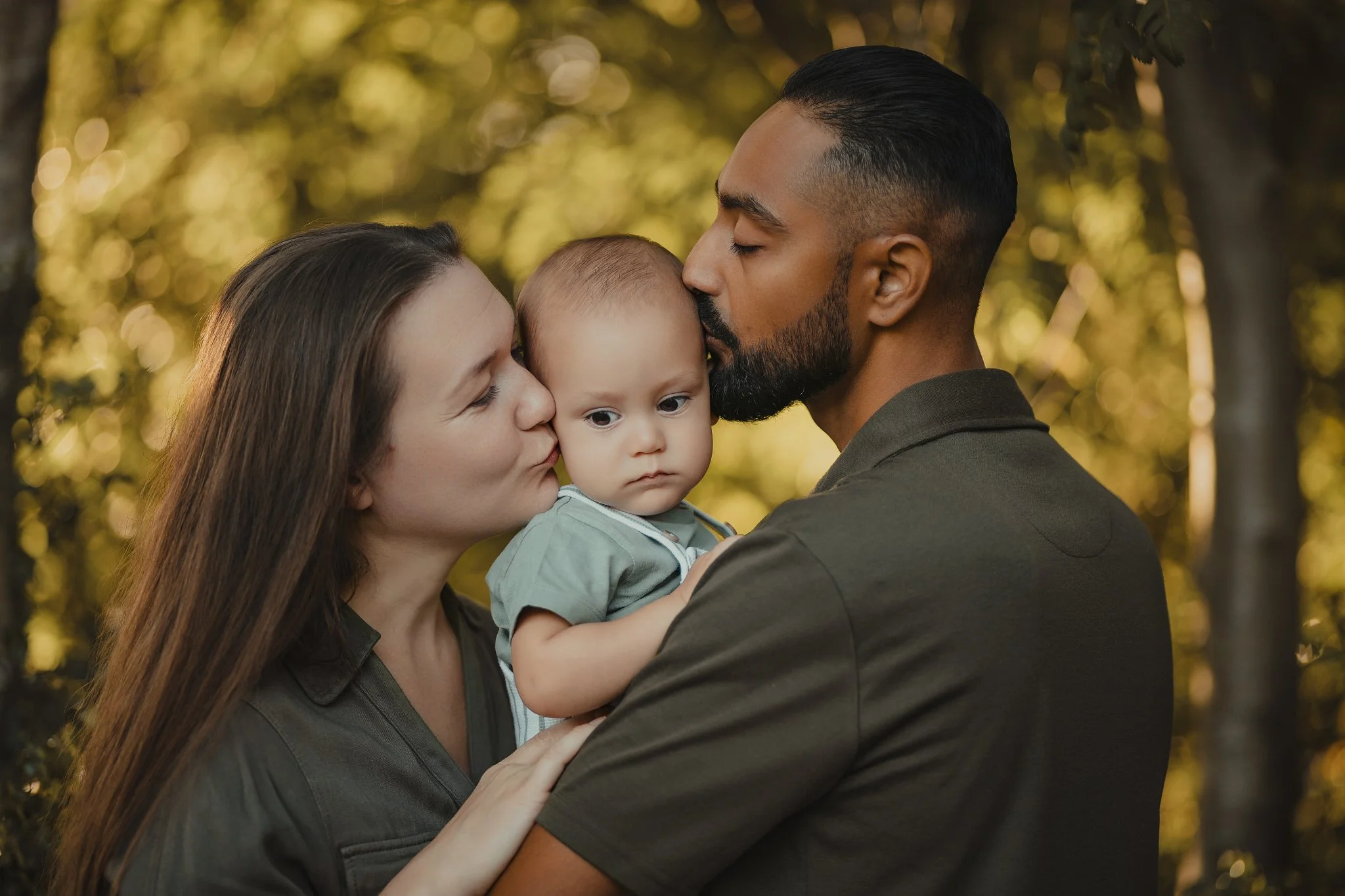 Family Portrait with baby on summer evening at golden hour