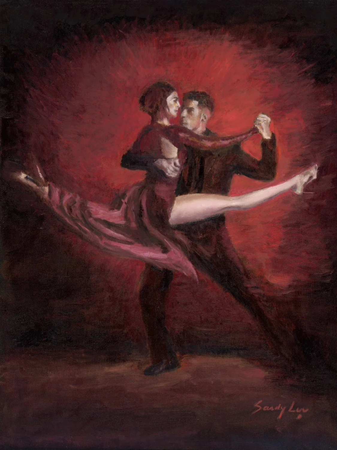 Original 45 × 57 cm oil painting “Fede y Lu” by Sandy Lee Artistry, featuring tango dancers Fede and Lu performing together.