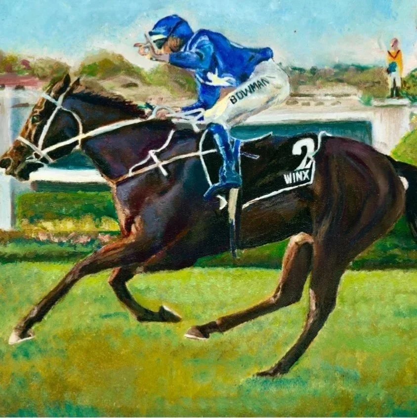 Painting of a horse race showing jockey in blue riding a dark horse with the number 2, labeled 'WINX', on a green race track.