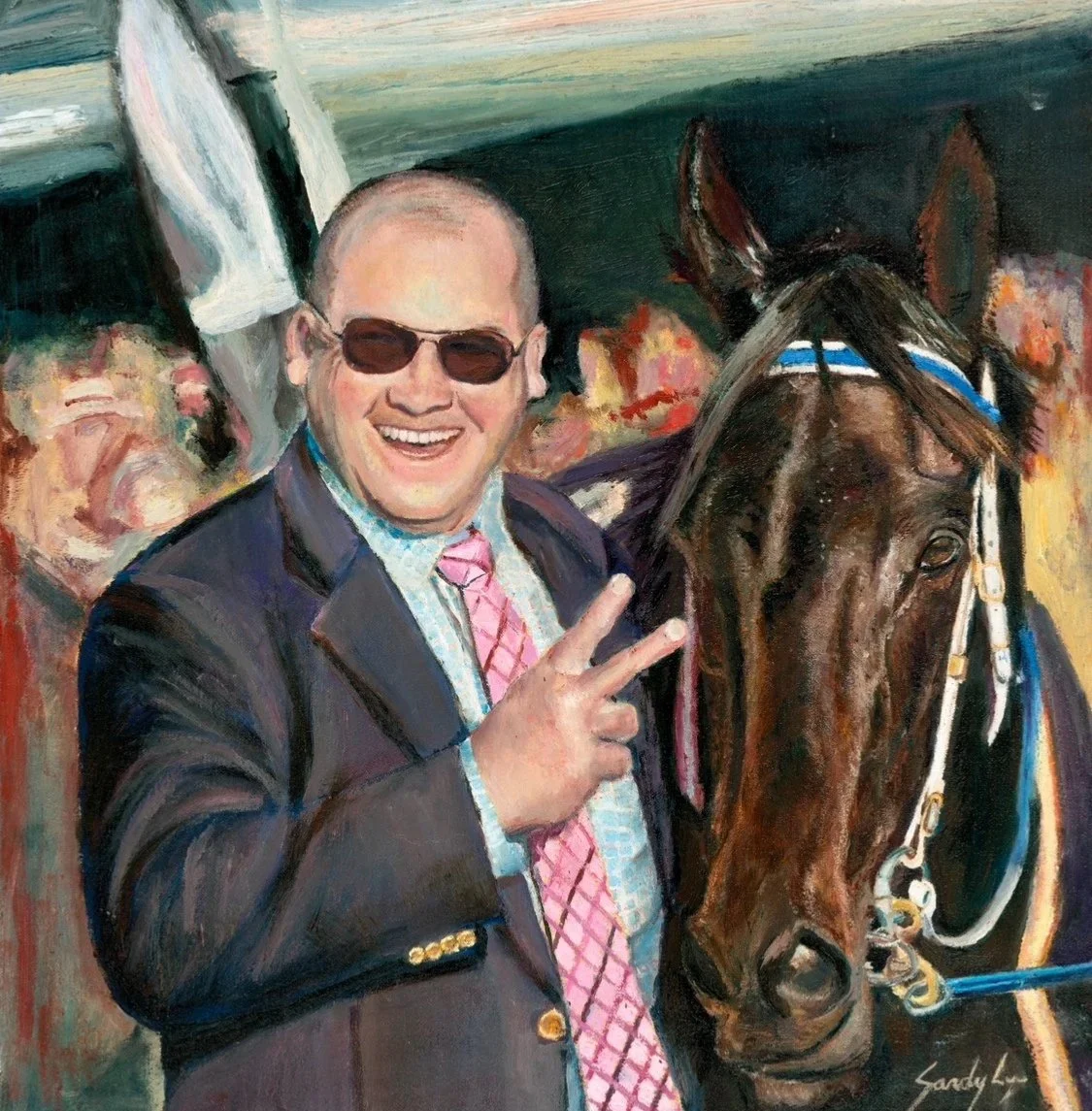 Original oil painting by Sandy Lee Artistry of trainer Peter Moody with champion racehorse Black Caviar, created for the 2025 Australian Racing Hall of Fame.