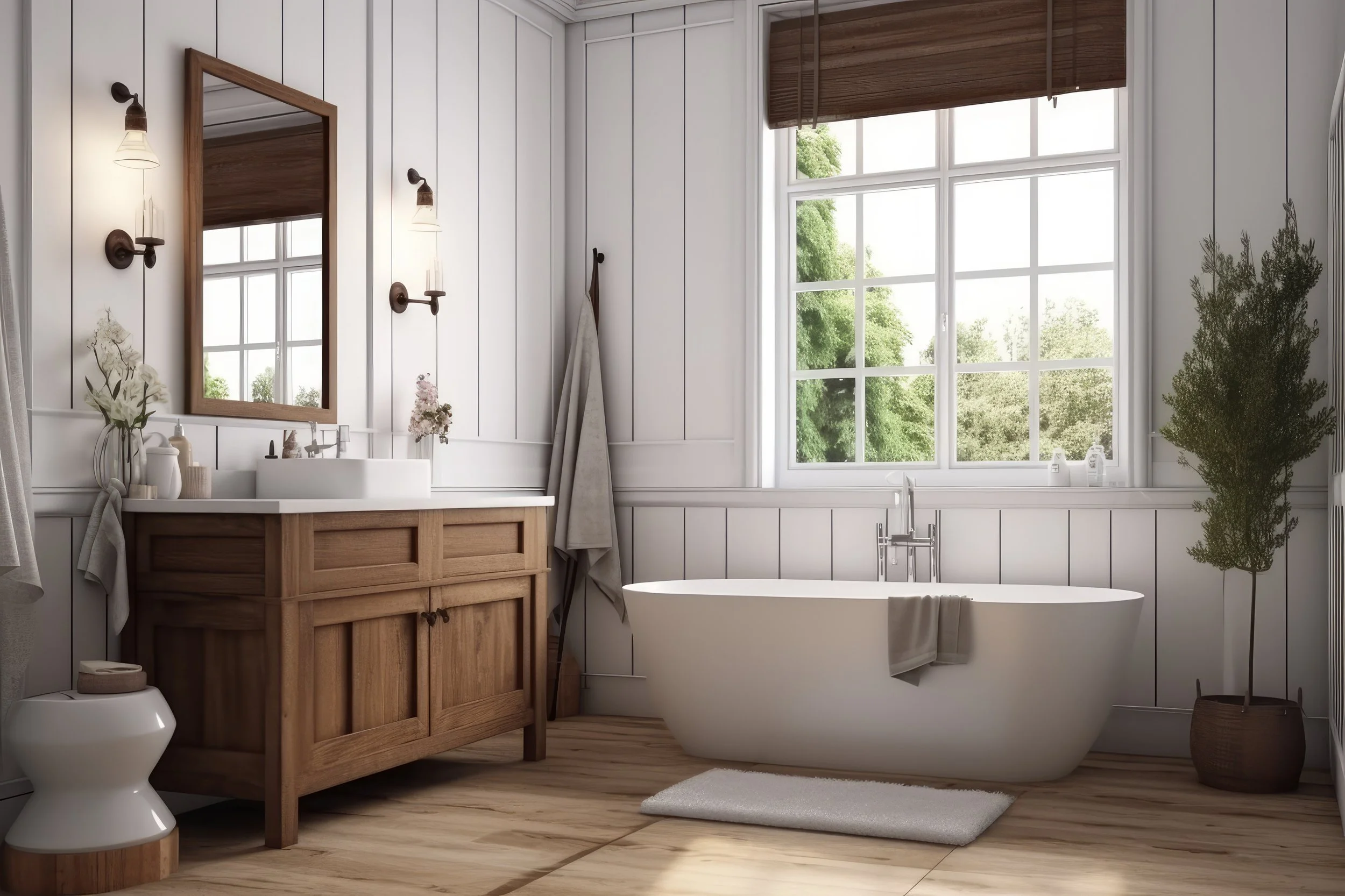 A bright modern bathroom with white wooden-paneled walls, a large window with a wooden blind, a freestanding bathtub, a wooden vanity with a white vessel sink, a mirror, wall-mounted lamps, a small stool, towels, plants, and decorative items.