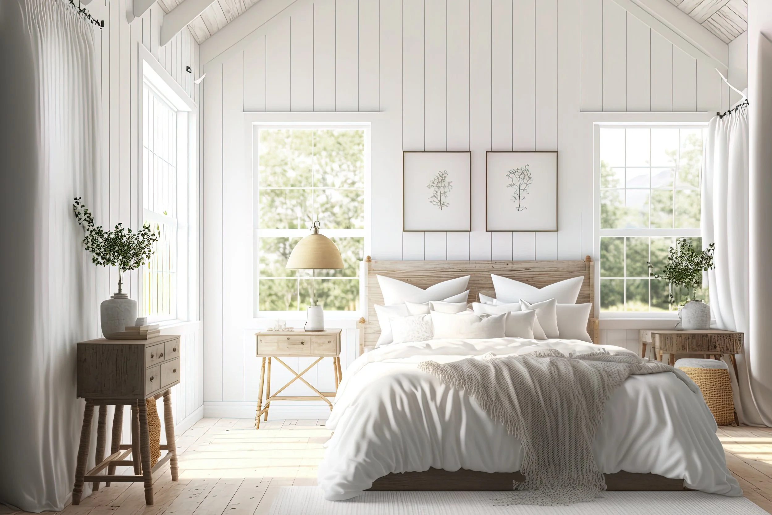 Bright bedroom with white walls, large windows, a bed with white bedding and multiple pillows, wooden side tables with plants and a lamp, and framed botanical artwork above the headboard.