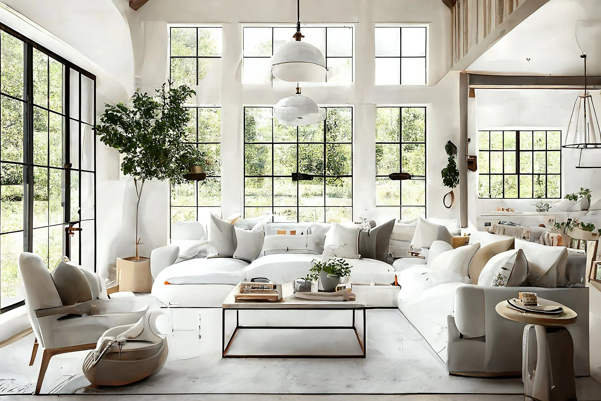 Bright living room with large grid windows, white couches with many pillows, and a glass-topped coffee table, decorated with plants and minimalistic decor.