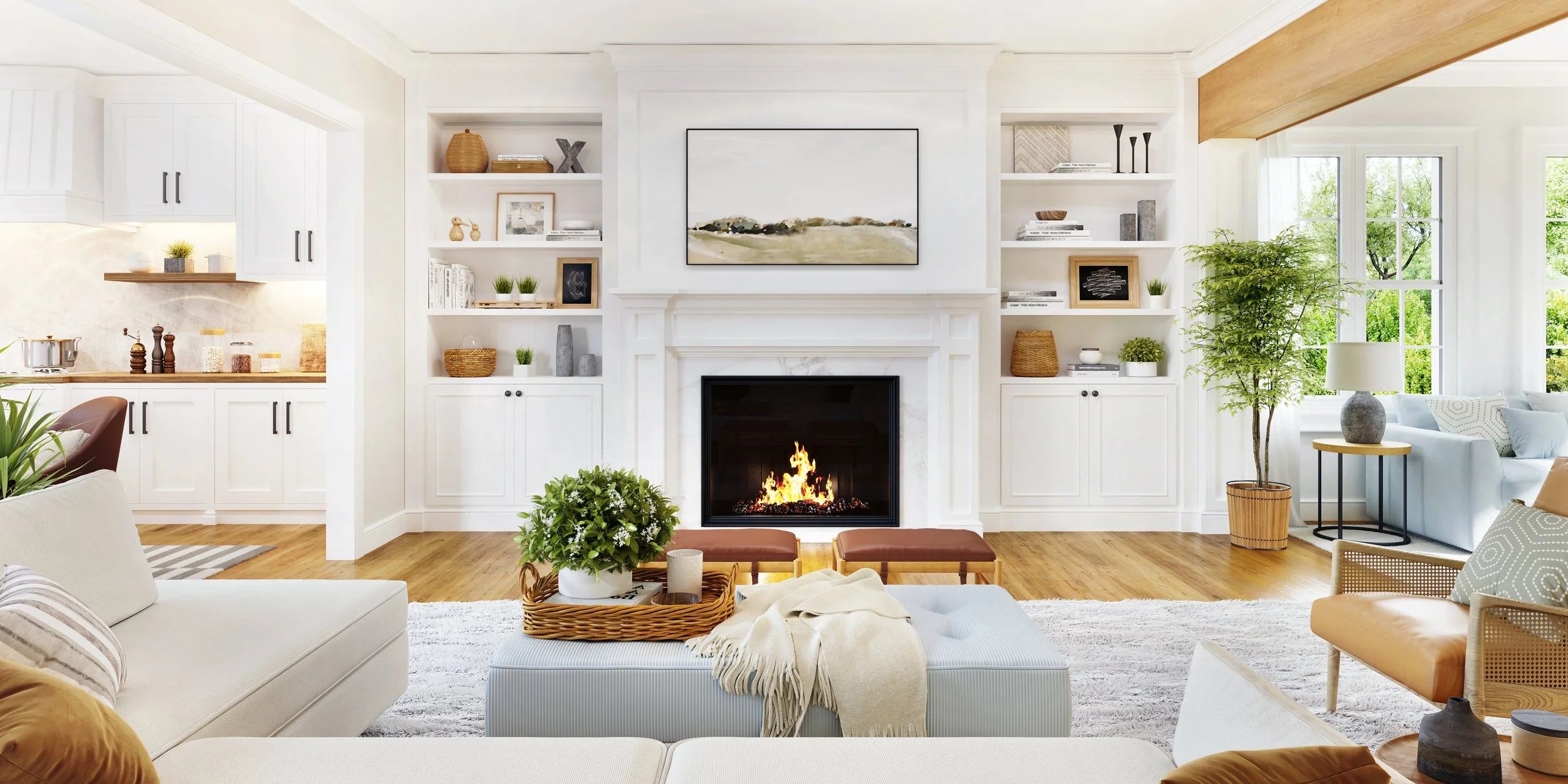 Bright living room with white walls, wooden floors, a fireplace with a fire, built-in white shelves with decor, large windows with green trees outside, and various furniture including a white sofa, armchair, coffee table with plants and candles, and a side table with a lamp.