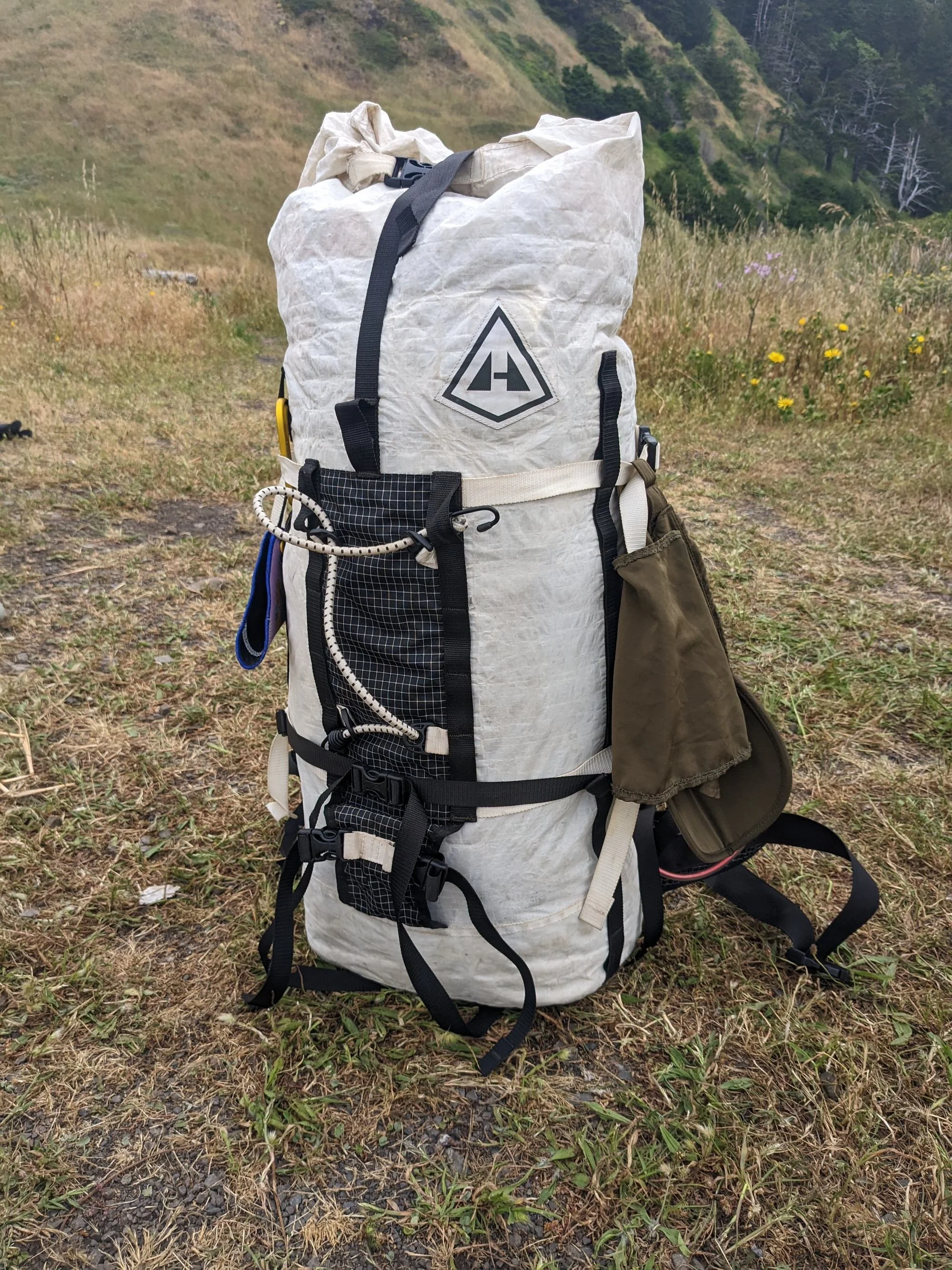 A large outdoor backpack with straps, pockets, and attachments, sitting on grassy ground in front of a hillside with trees.