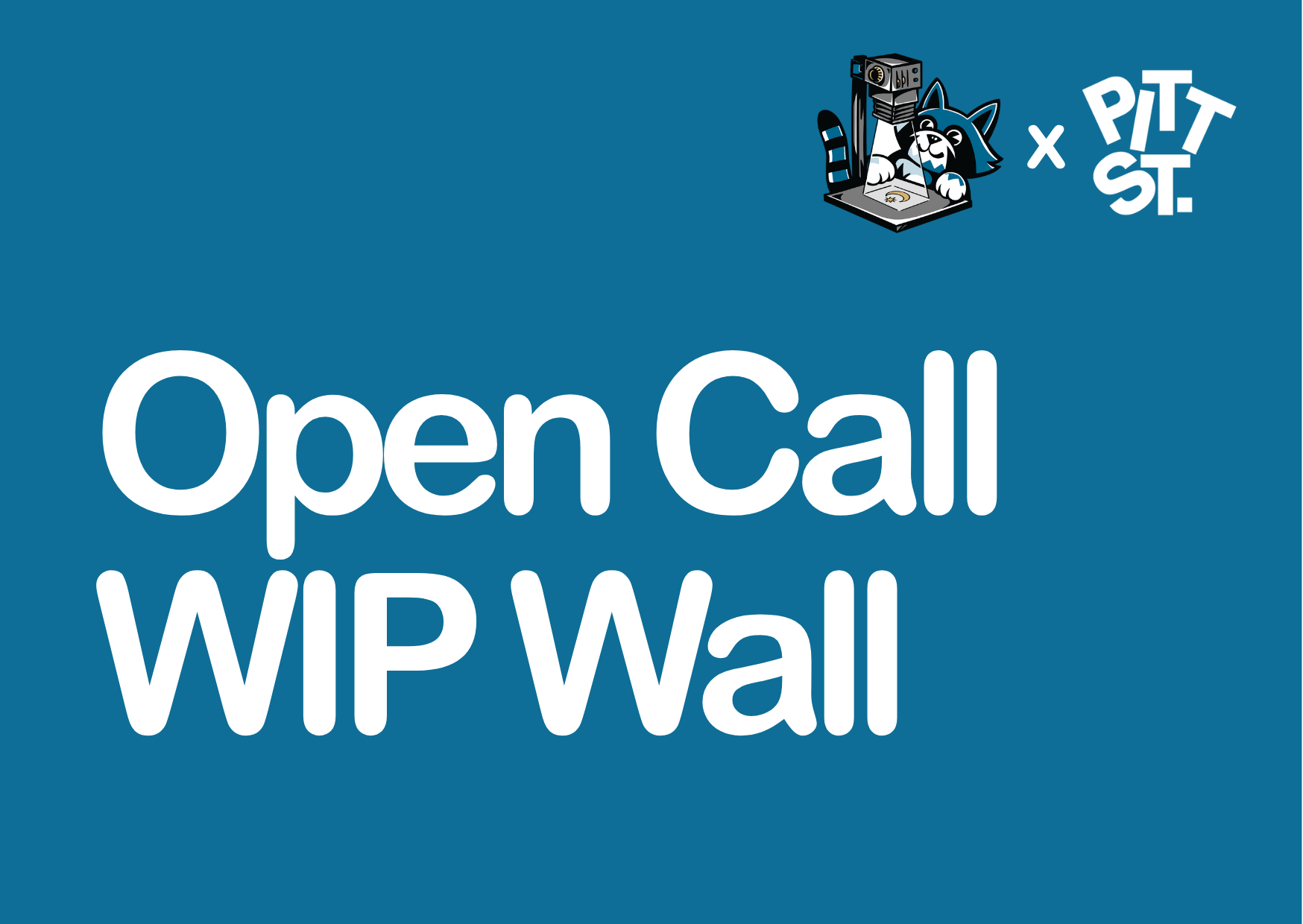 Promotion for an open call for Wall WIP, featuring logos of a raccoon drawing on a tablet and Pitt St.