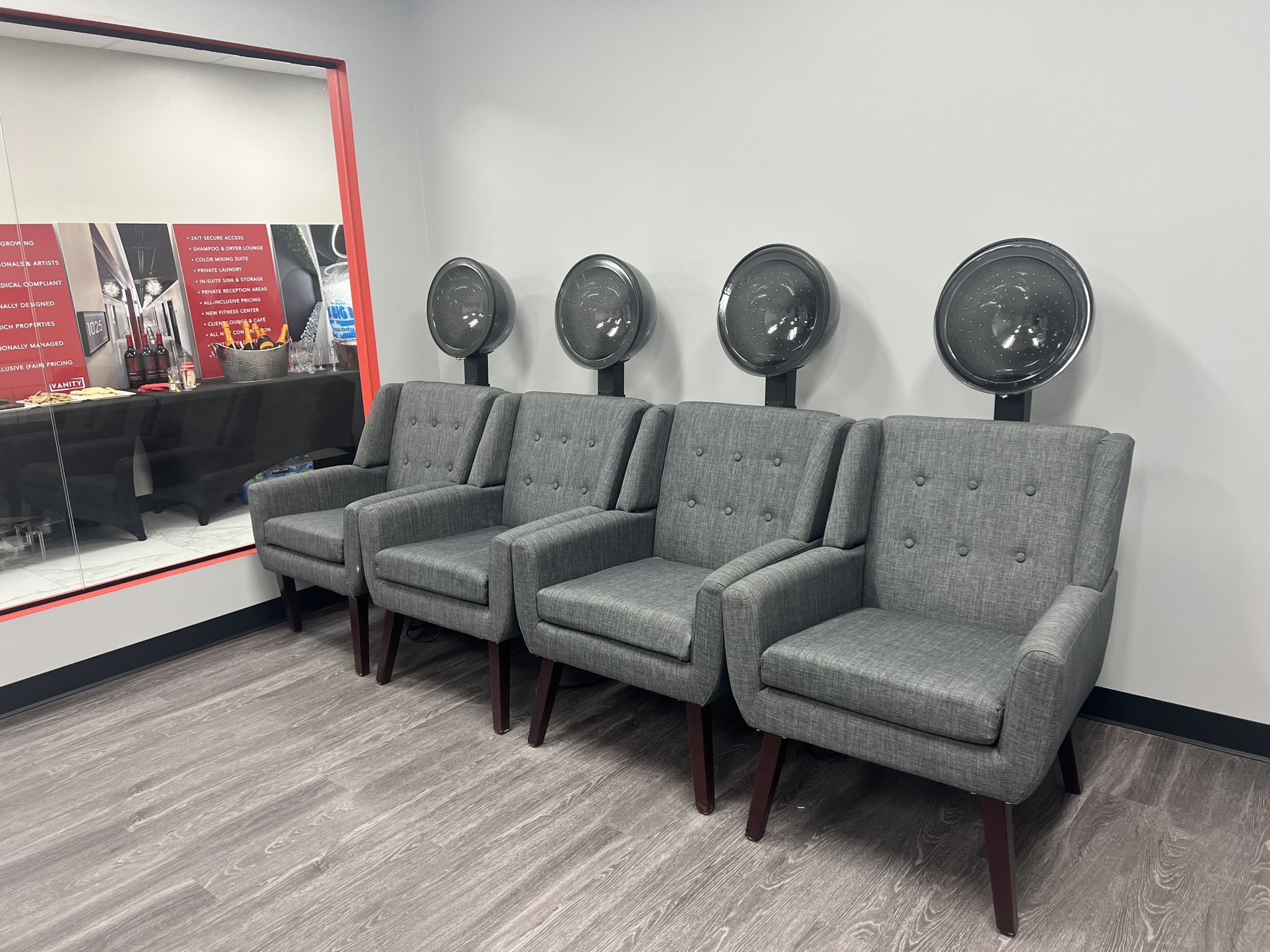 Inside our shared shampoo bowl and hair dryer room (featured tenant amenity).