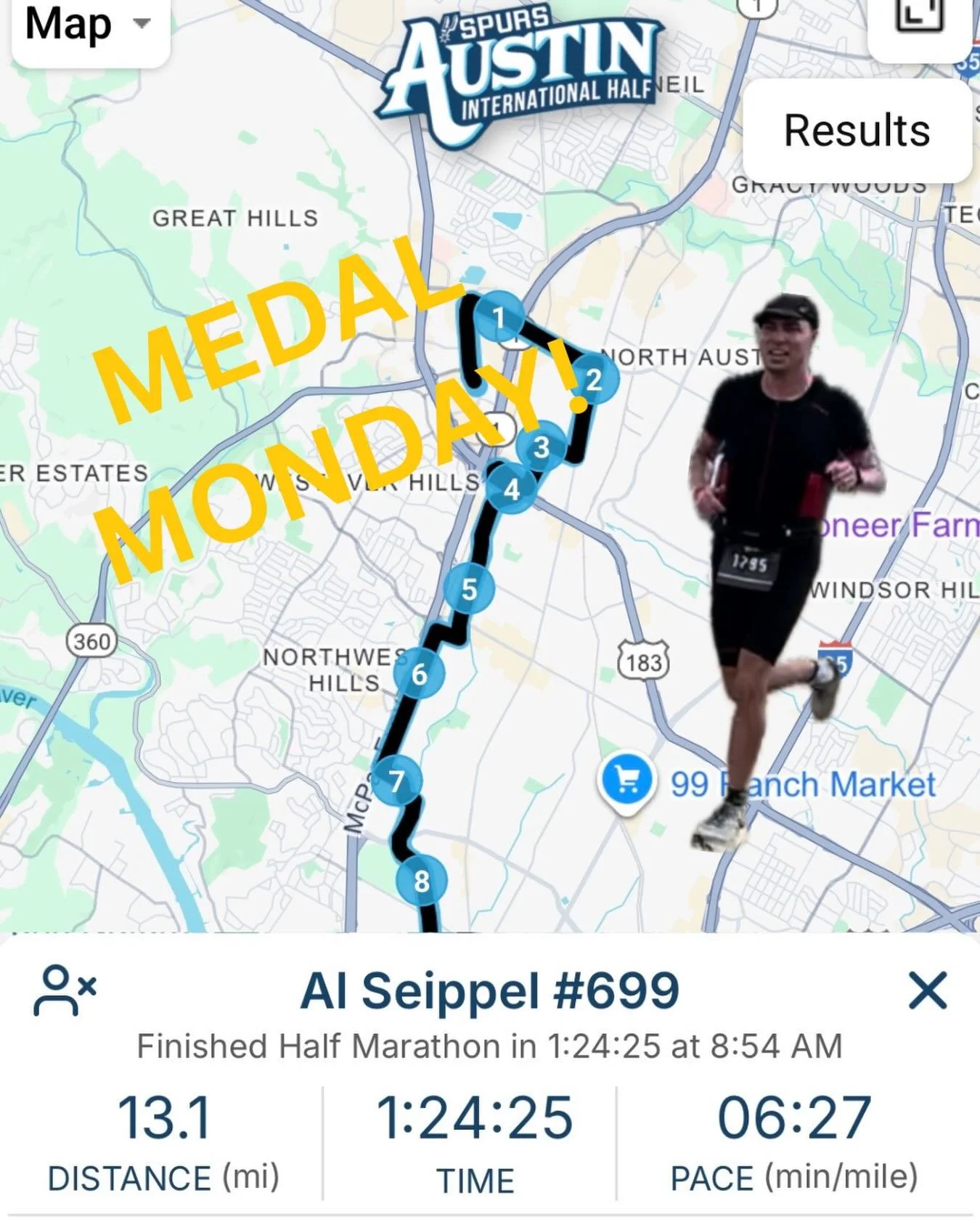 #medalmonday Congrats to R3E athlete Al! He has worked really hard to get to this PR! I knew he could do it. The past few months we have been able to increase mileage and speed on all speed work and long distance runs. The past year we&rsquo;ve worke