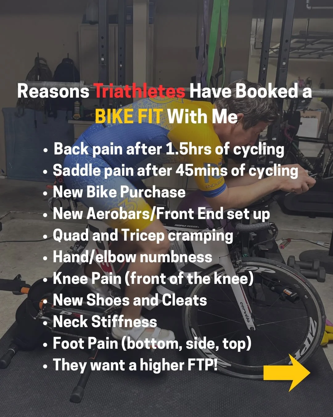 Most athletes book a bike fit after something starts hurting: 

Knee pain.
Low back tightness.
Neck strain in aero.
Hands going numb.
Saddle sores that &ldquo;just come with riding.&rdquo;

Or after investing in:
&bull; A new tri bike
&bull; New aero