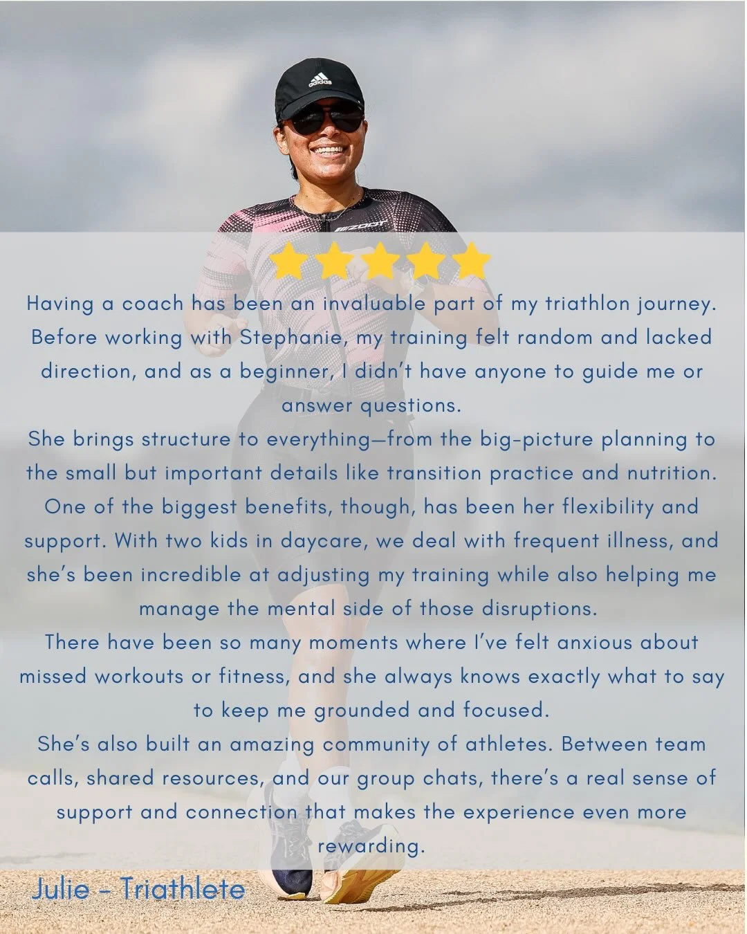 Thanks Julie! I&rsquo;ve enjoyed helping Julie stay consistent this winter despite all the obstacles life threw. And guess what? She won 2nd in her age group at Caltri Olympic distance last weekend! The next few weeks she is working hard to build to 