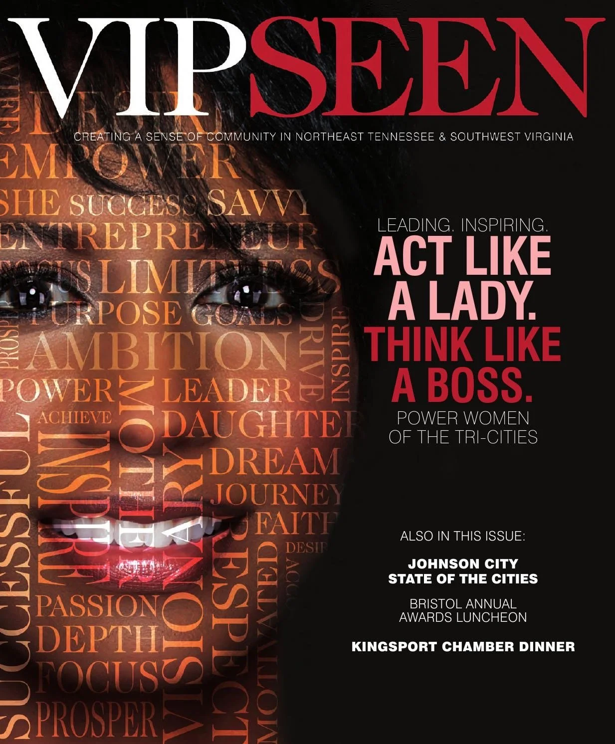 Yevette Lynn editorial photographer graces bold magazine cover design celebrating power women of the Tri-Cities, featuring layered typography and expressive visual storytelling.