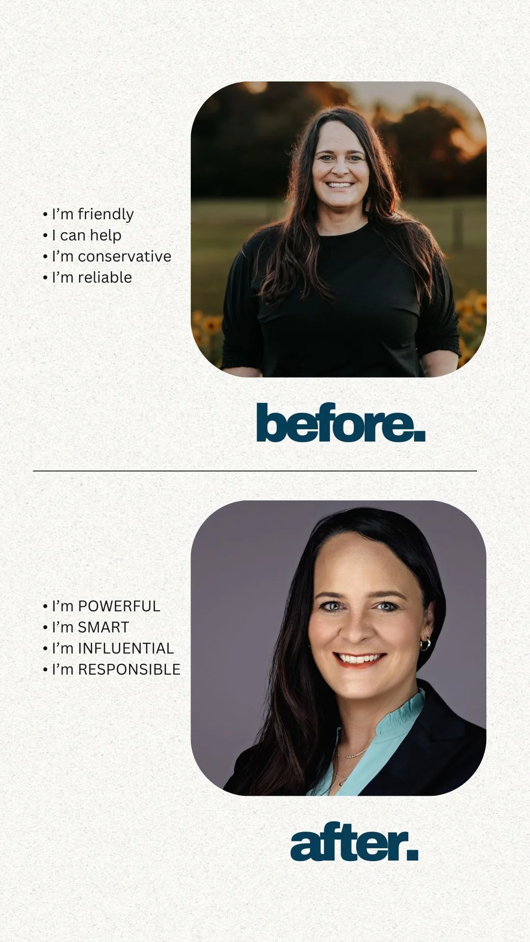 Before and after LinkedIn headshot comparison showing improved visual identity and professional presence, photographed by Yevette Lynn, headshot photographer