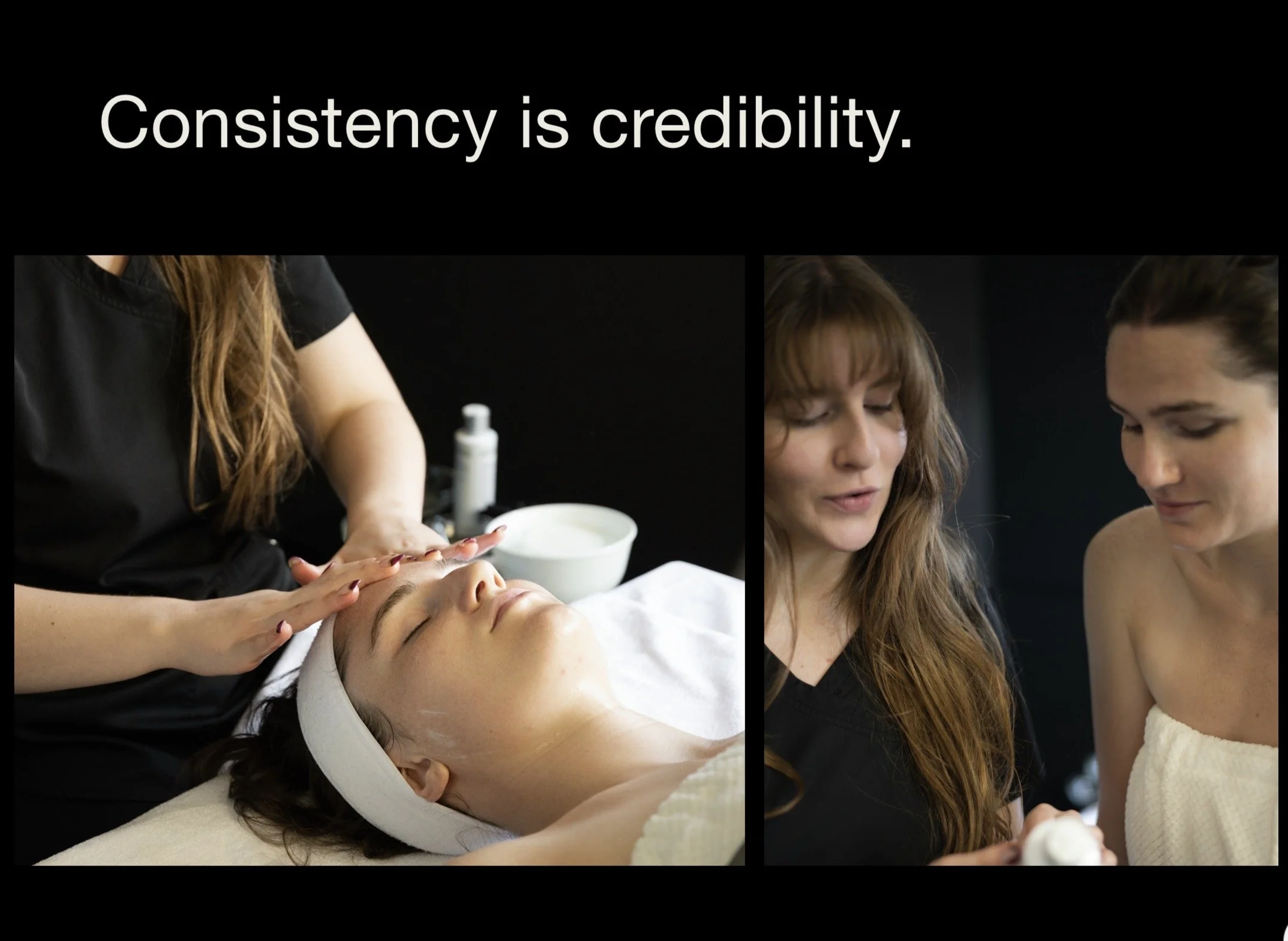 Yevette Lynn brand photographer capturing esthetician providing facial treatment and skincare consultation with client in softly lit studio setting