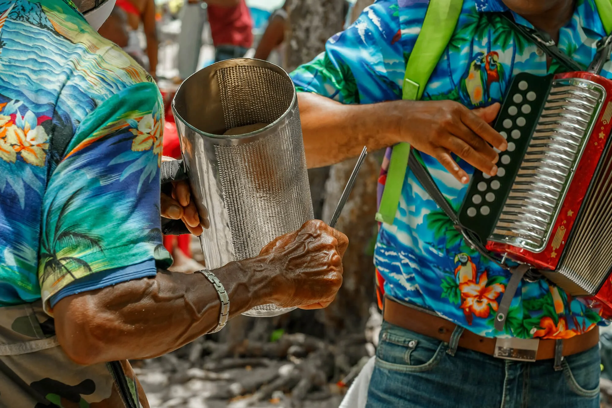 Two people playing musical instruments at an outdoor event. One person is holding a metal stick and a cylindrical instrument. The other person plays a portable accordion. Both are wearing colorful Hawaiian shirts.