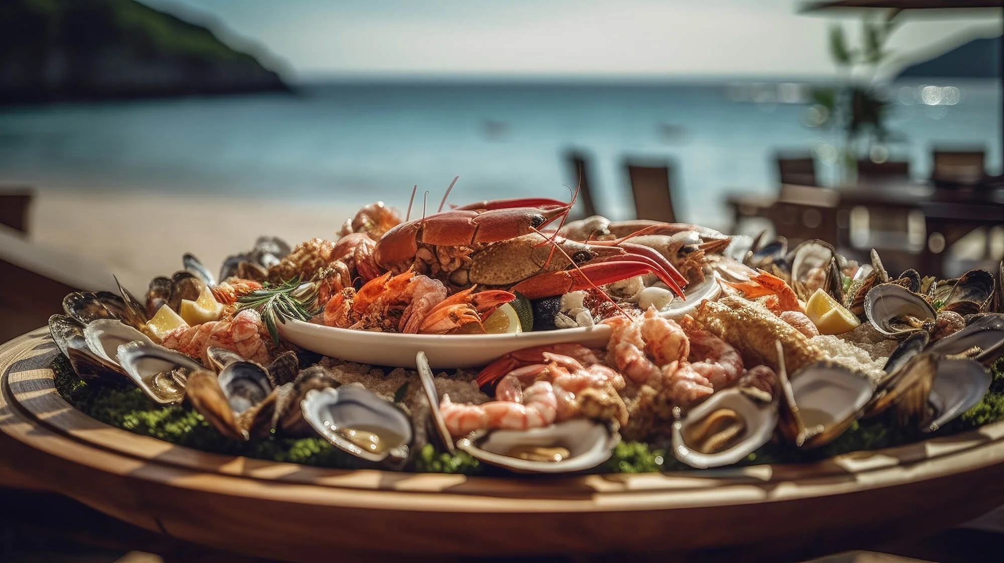 Seafood platter with lobster, shrimp, mussels, and lemon wedges on a beachside table.
