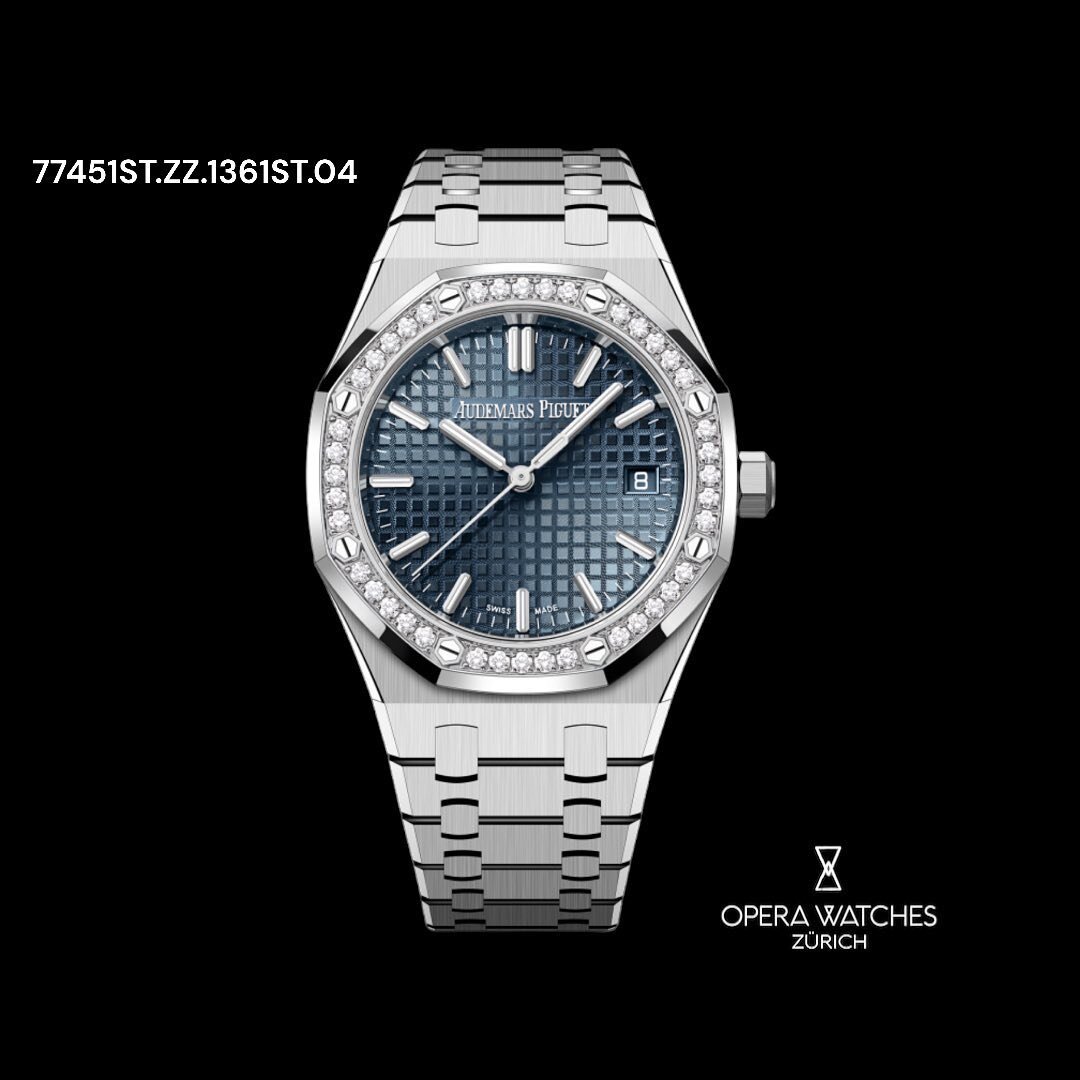 This sparkling beautiful ladies Audemars Piguet Royal Oak 34mm comes with a mesmerizing &bdquo;Bleu Nuit, Nuage 50&ldquo; dial surrounded by 40 diamonds. 
Ref. 77451ST.ZZ.1361.ST.04
Believe us, pictures don&rsquo;t do justice! 💖✨
43&lsquo;000 CHF
-
