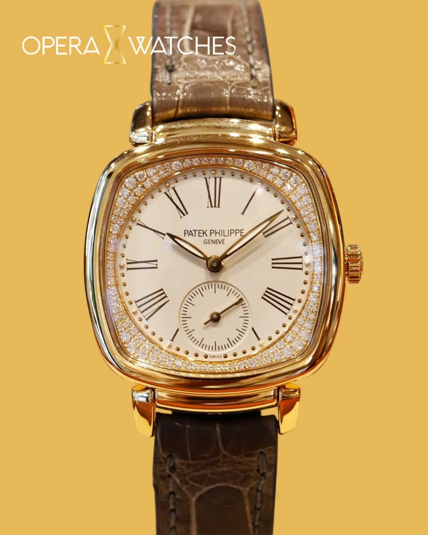 Known for its captivating cushion-shaped case, The Patek Philippe Gondolo (Ref. 7041R-001) suits gracefully lady's wrist.

Crafted in exquisite rose gold, this timepiece radiates warmth and elegance. The beautifully patterned dial features a delicate