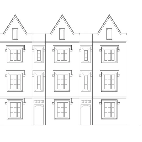 Architectural blueprint or line drawing of a multi-story residential building with three gabled roof sections, multiple windows, and two doors.