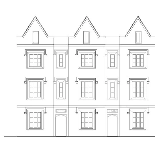 A black-and-white architectural blueprint of a multi-story building with detailed window and door designs, and gabled roofs.
