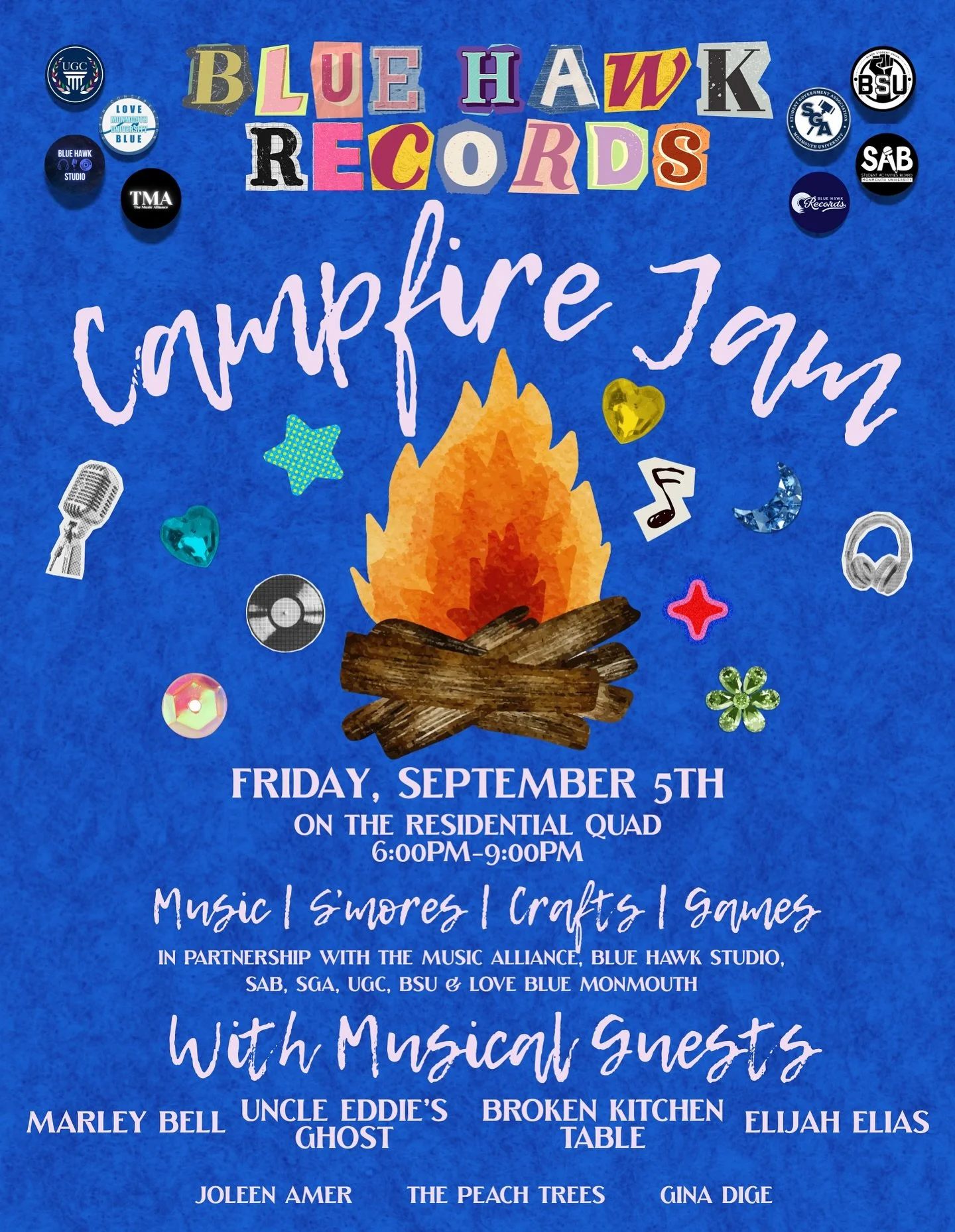 We are thrilled to announce our 4th annual Campfire Jam! Join us on 9/5 6pm-9pm on the Residential Quad for crafts, music, s’mores & more! ππ΅ποΈπ€π
We are so excited to be joined by so many incredible student orgs this year. A night to