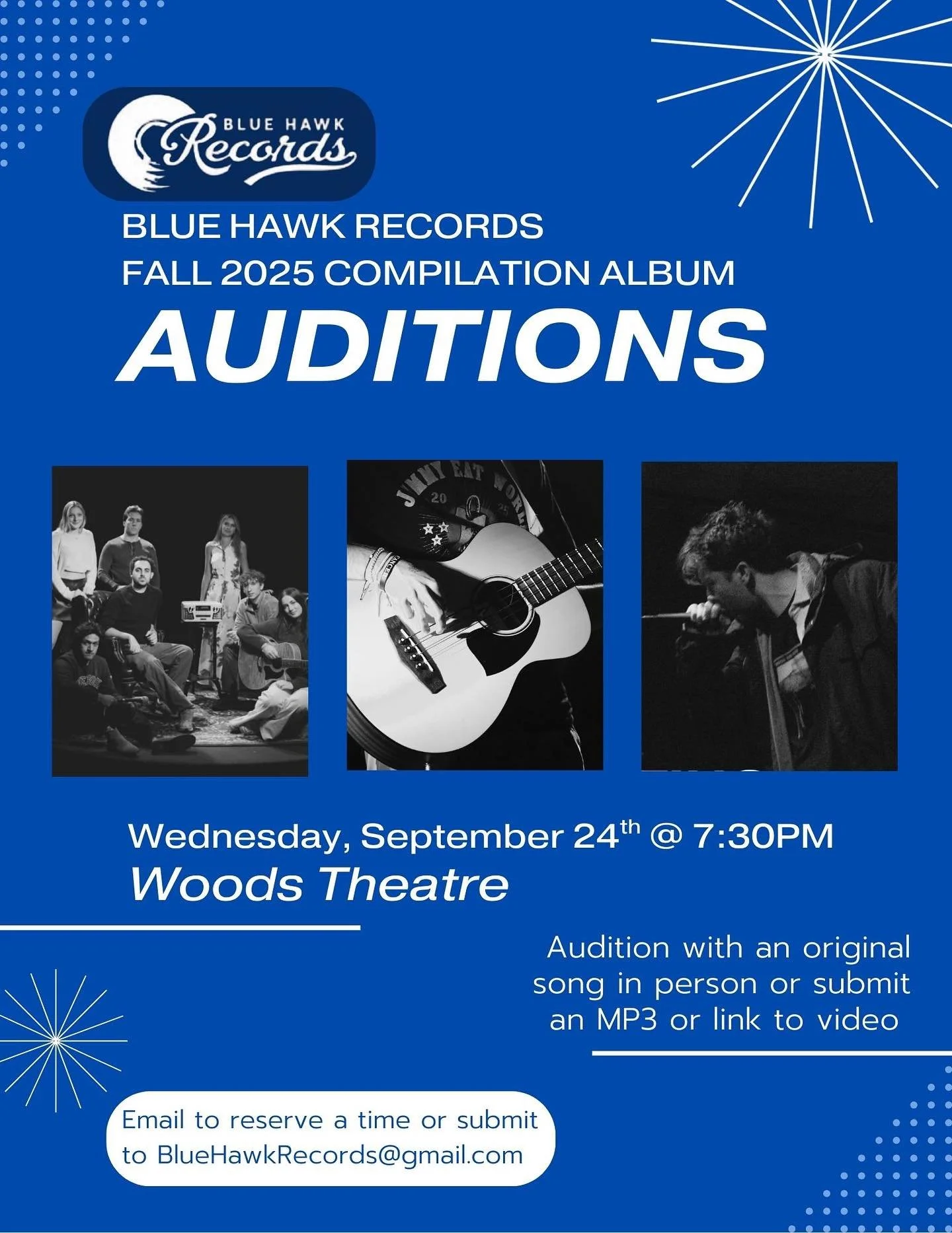 It’s that time again!
AUDITIONS for Blue Hawk Records album will be held on SEPTEMBER 24th at 7:30pm in Woods Theatre. We can’t wait to see all the talent on our campus this year. If you’re feeling this, email bluehawkrecords@gmai