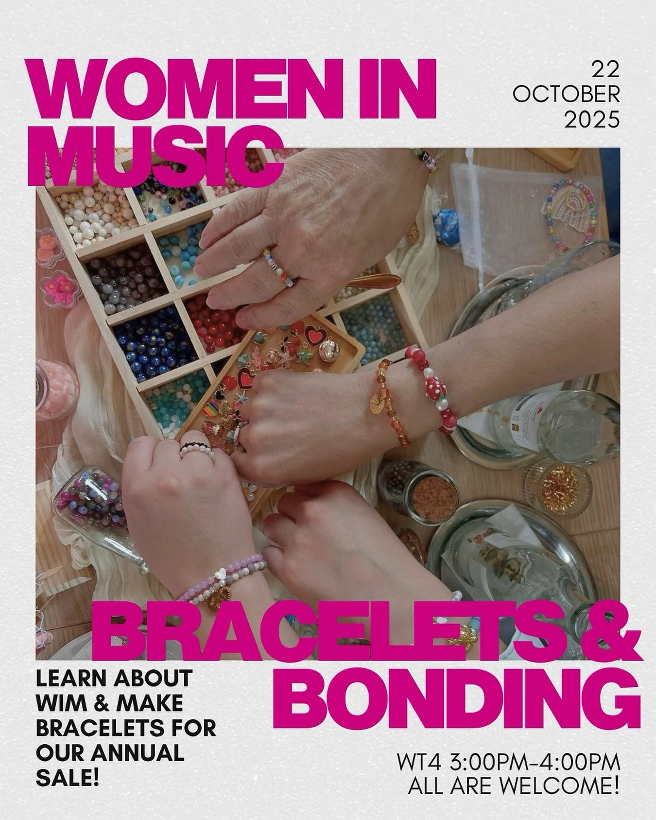 Come join us this WEDNESDAY for our Women in Music meeting! Bracelet making, fall tunes and good company are all included ππΆπ
Find us in WOODS at 3PM, see you there!