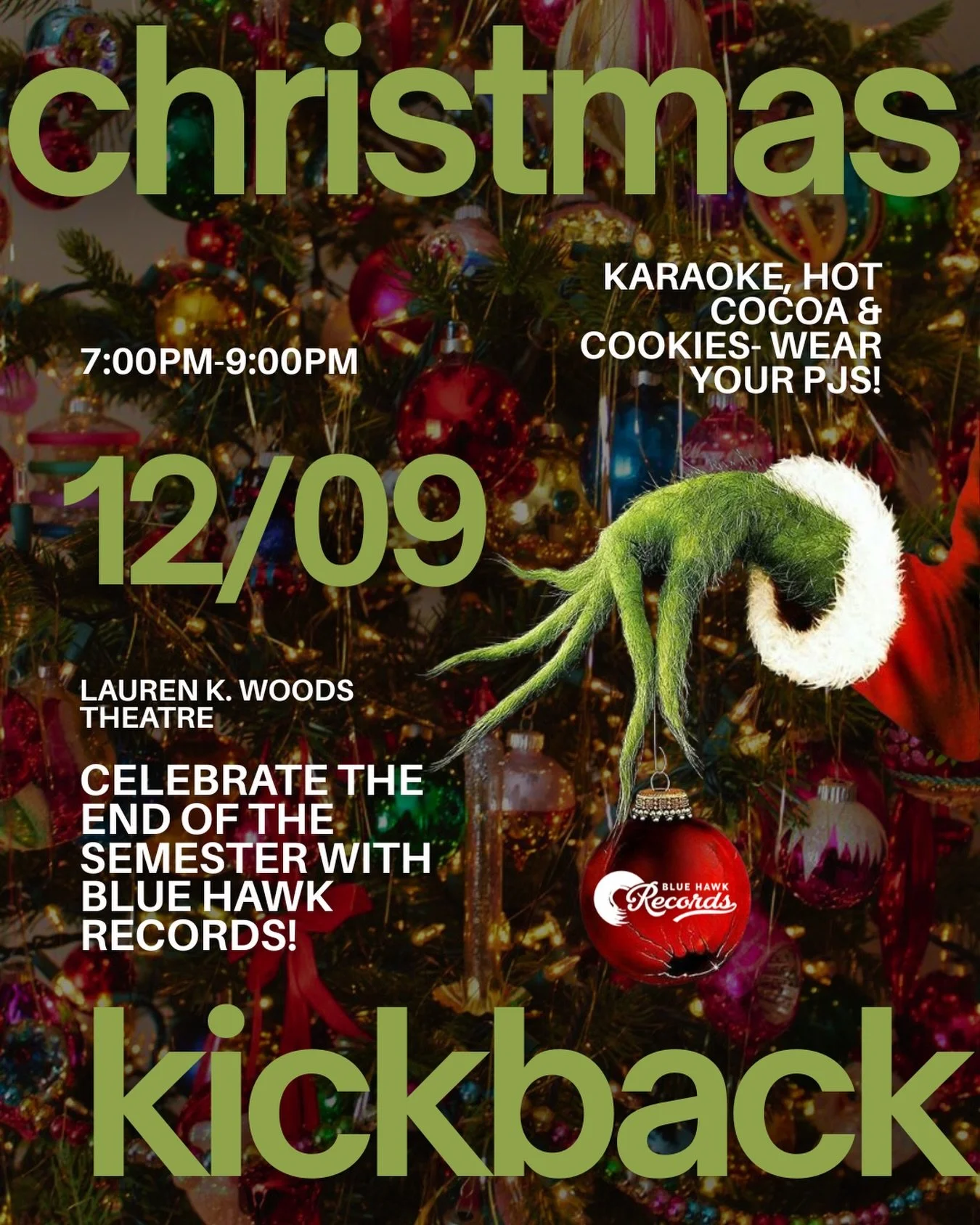Join Blue Hawk Records for our last event of the semester! 
Come to Woods Theatre in your pjs for some hot cocoa, karaoke, and good times tomorrow @ 7:00pm🎄