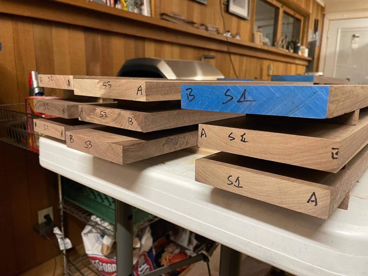 Sometimes a #sharpie is the best tool in the shop to keep all the boards organized. We are starting to have this look less like a random pile of wood and more like a piece of furniture!  #custommade #customfurniture #woodworker #woodoworking #interio