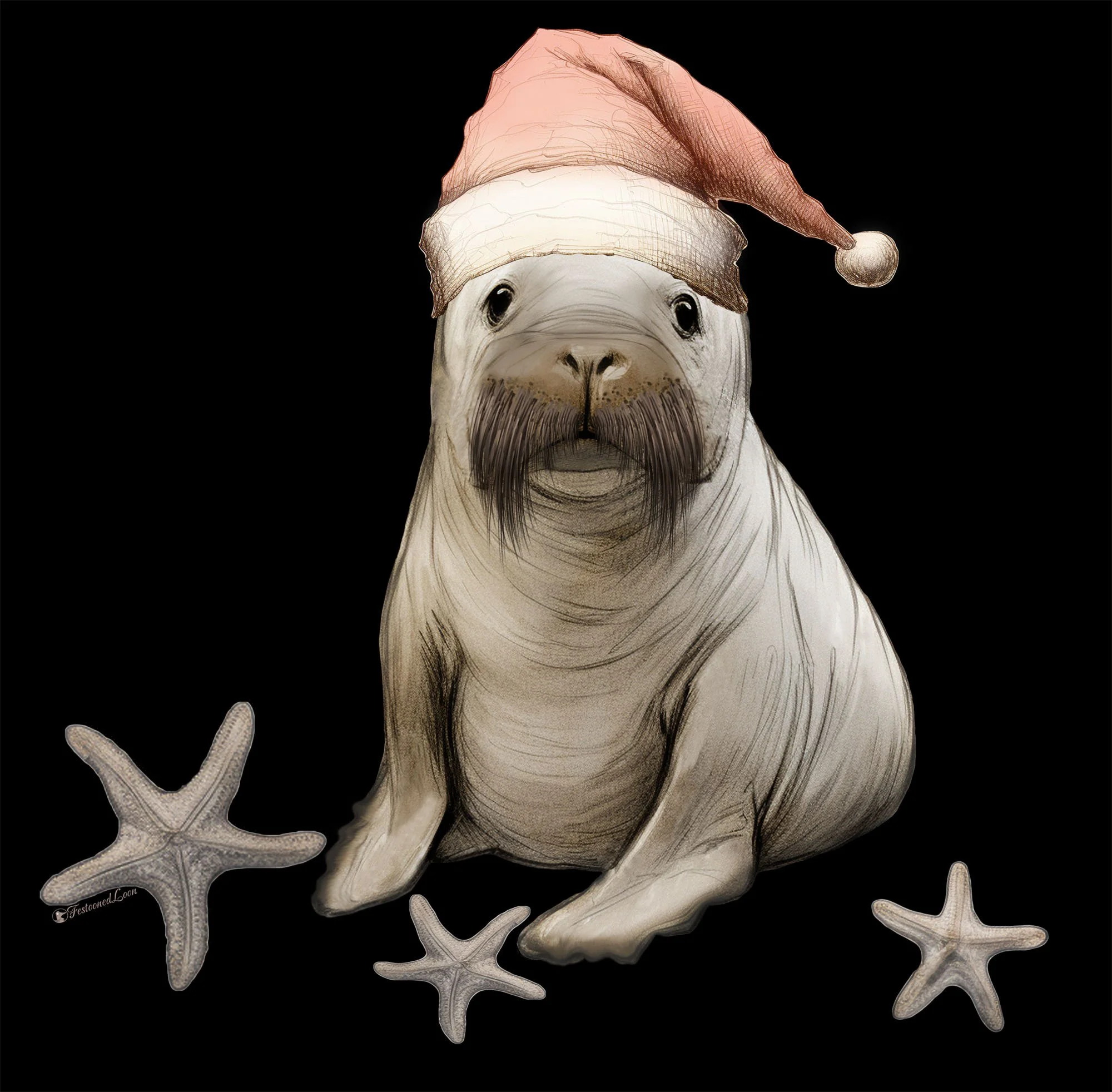 A digitally illustrated picture of a puppy with a gray beard, wearing a red and white Santa hat. The puppy is sitting with three starfish placed around it against a black background.