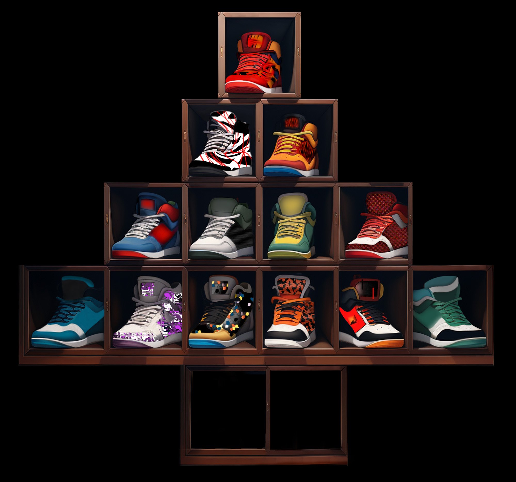 A pyramid of shoe boxes containing colorful sneakers on a black background.