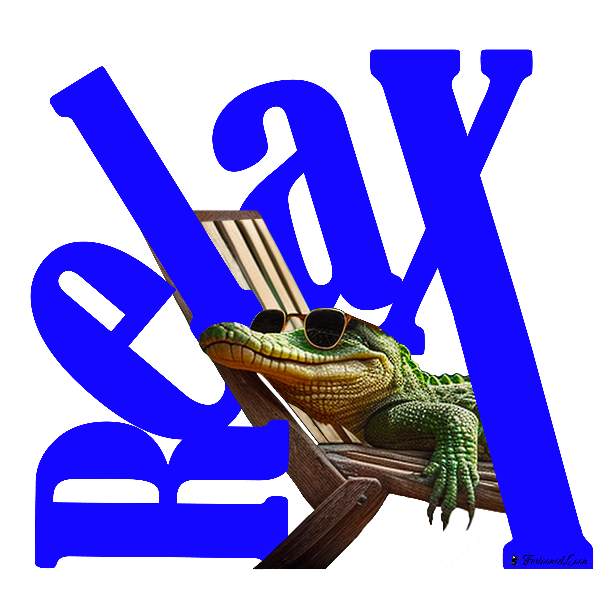 A cartoon illustration of a crocodile wearing sunglasses, relaxing on a wooden lounge chair, with a blue background and the text 'FestoondLoon' at the bottom right corner.