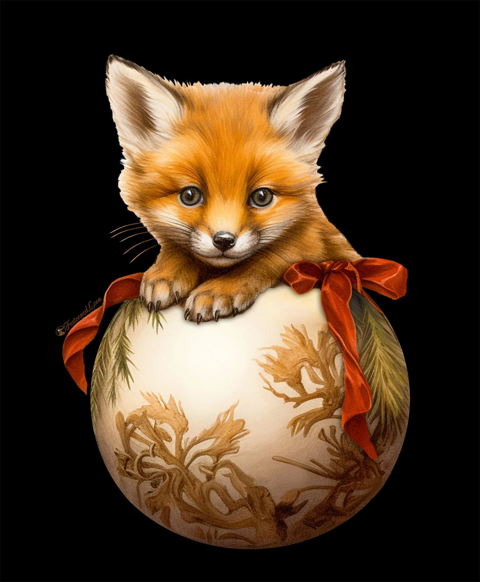 A realistic illustration of a cute baby fox with large ears and blue eyes perched on top of a decorative, painted pottery jar with a red ribbon tied around its neck.