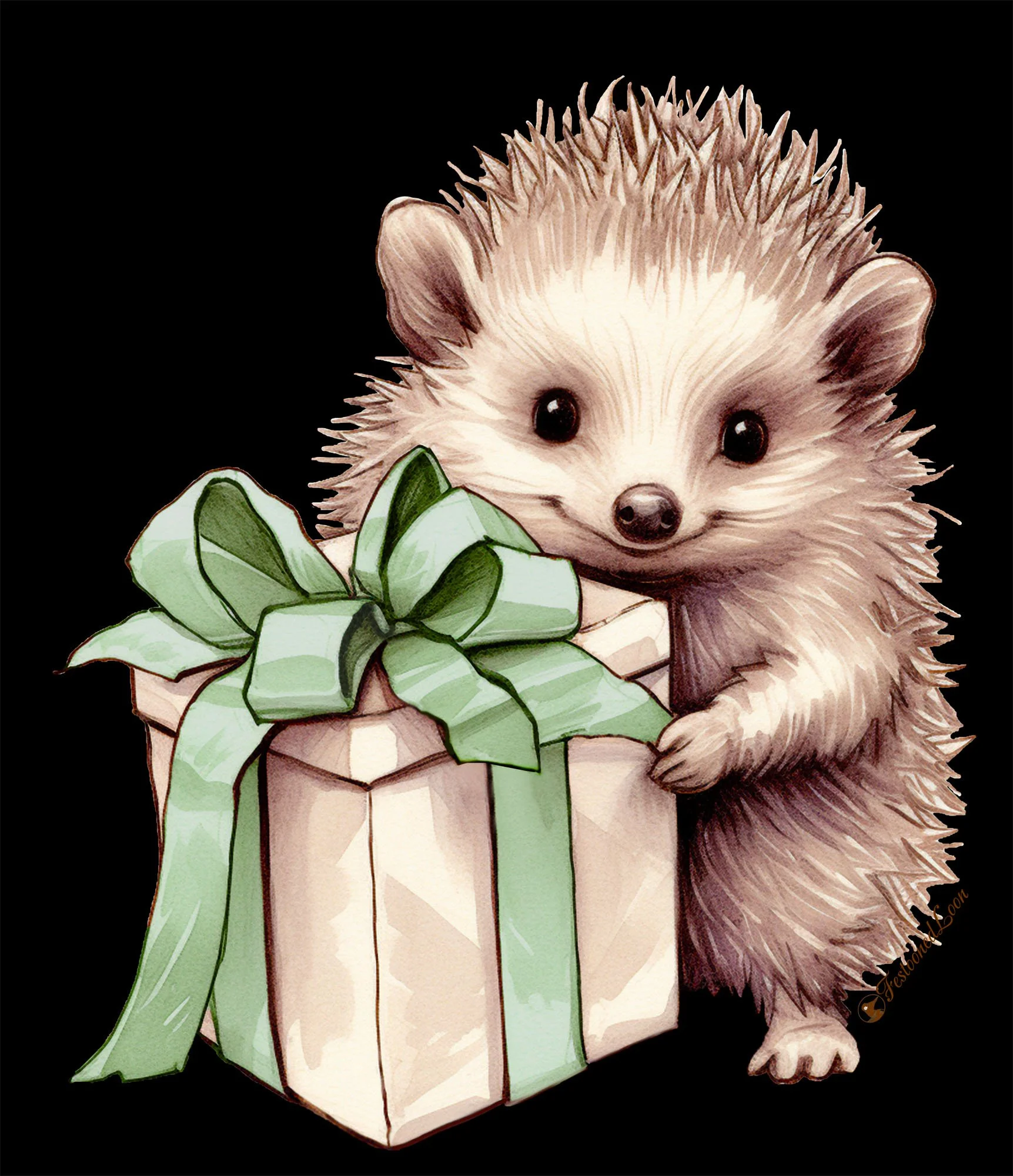 Illustration of a cute hedgehog peeking out of a gift box with a green ribbon and bow, on a black background.