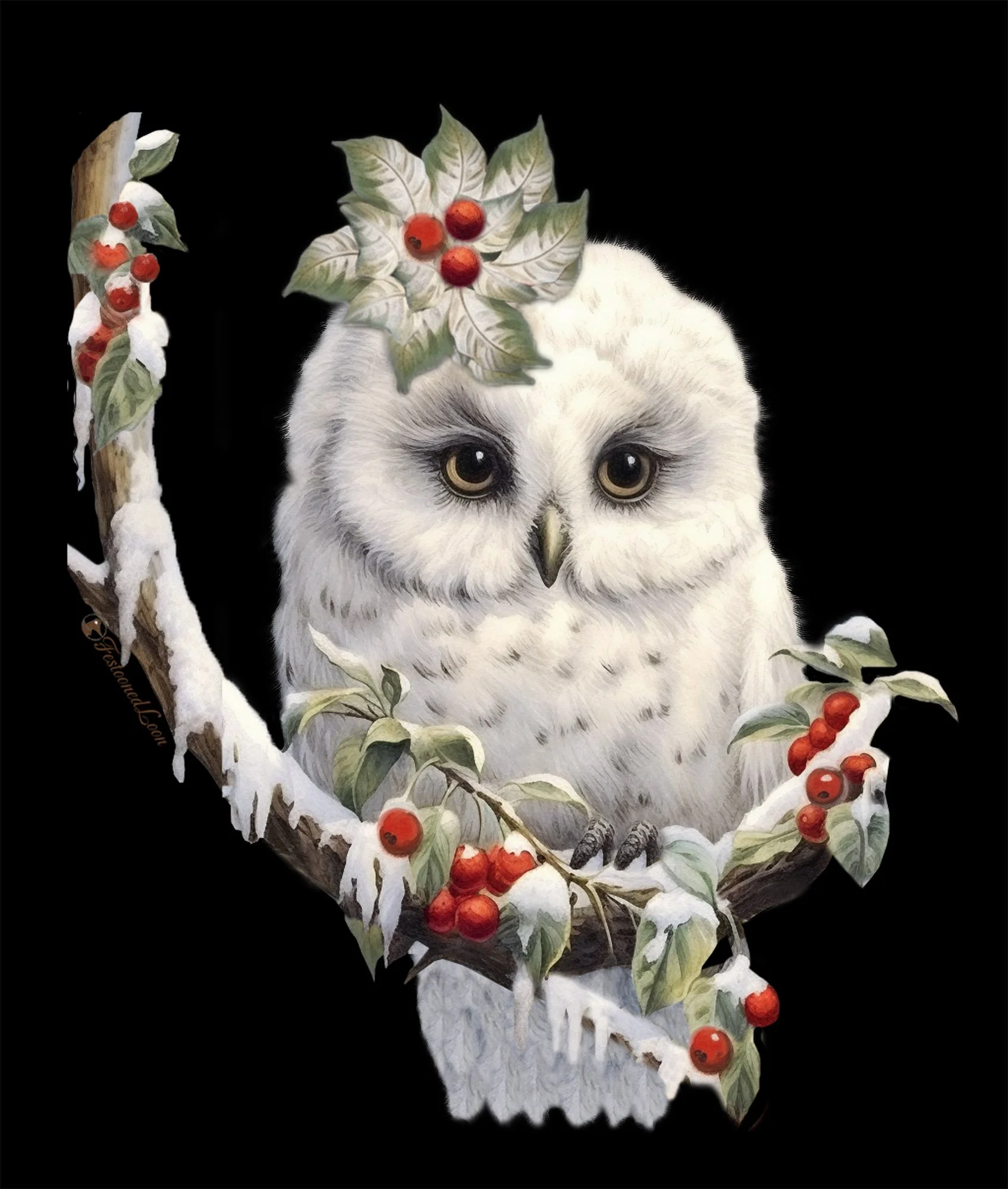 A realistic painting of a snowy owl perched on a snow-covered branch decorated with holly leaves and red berries against a black background.