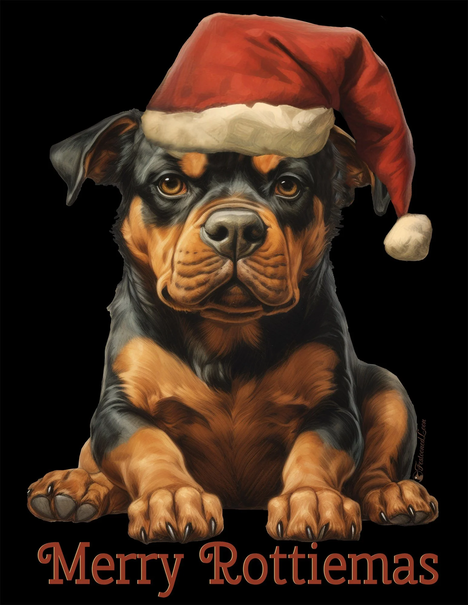 A realistic painting of a Rottweiler puppy wearing a Santa hat against a black background, with the caption 'Merry Rottiemas'.