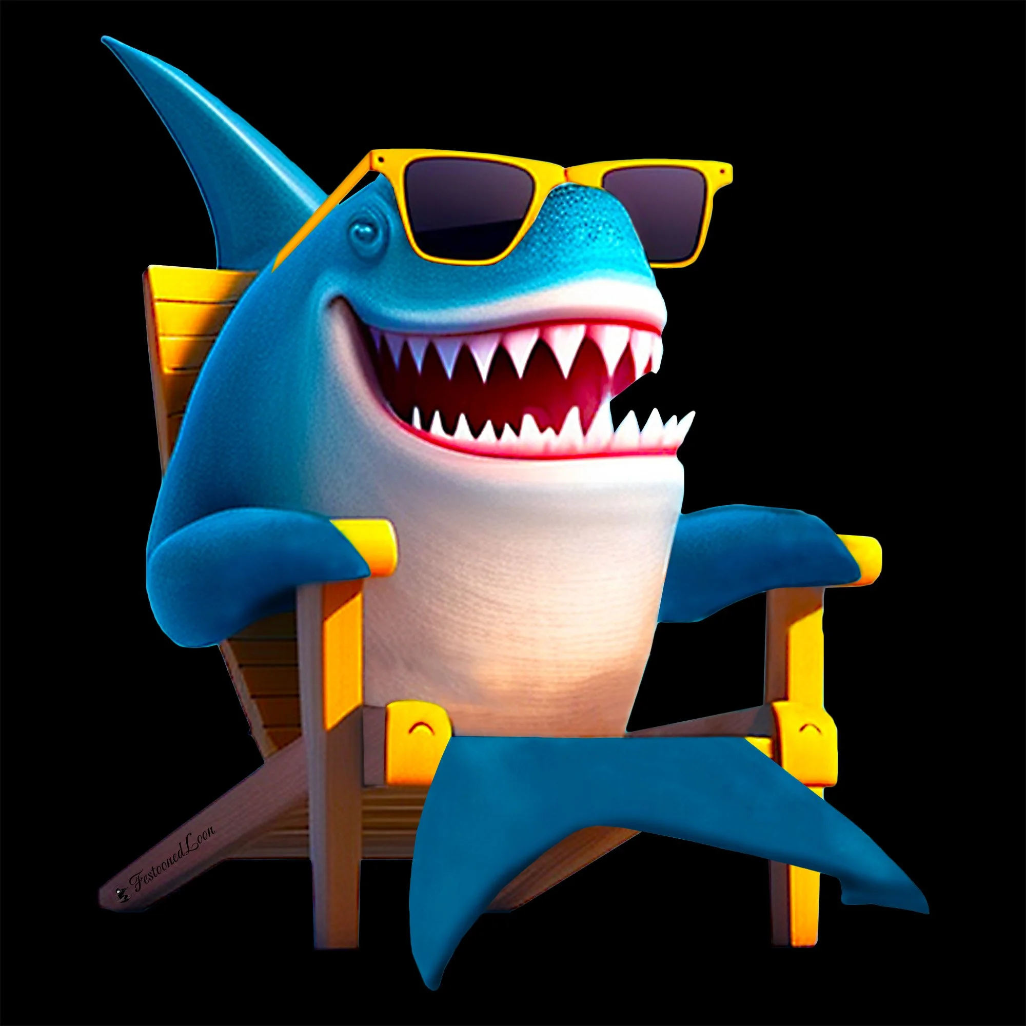 A cartoon shark wearing yellow sunglasses, sitting on a wooden beach chair, against a black background.