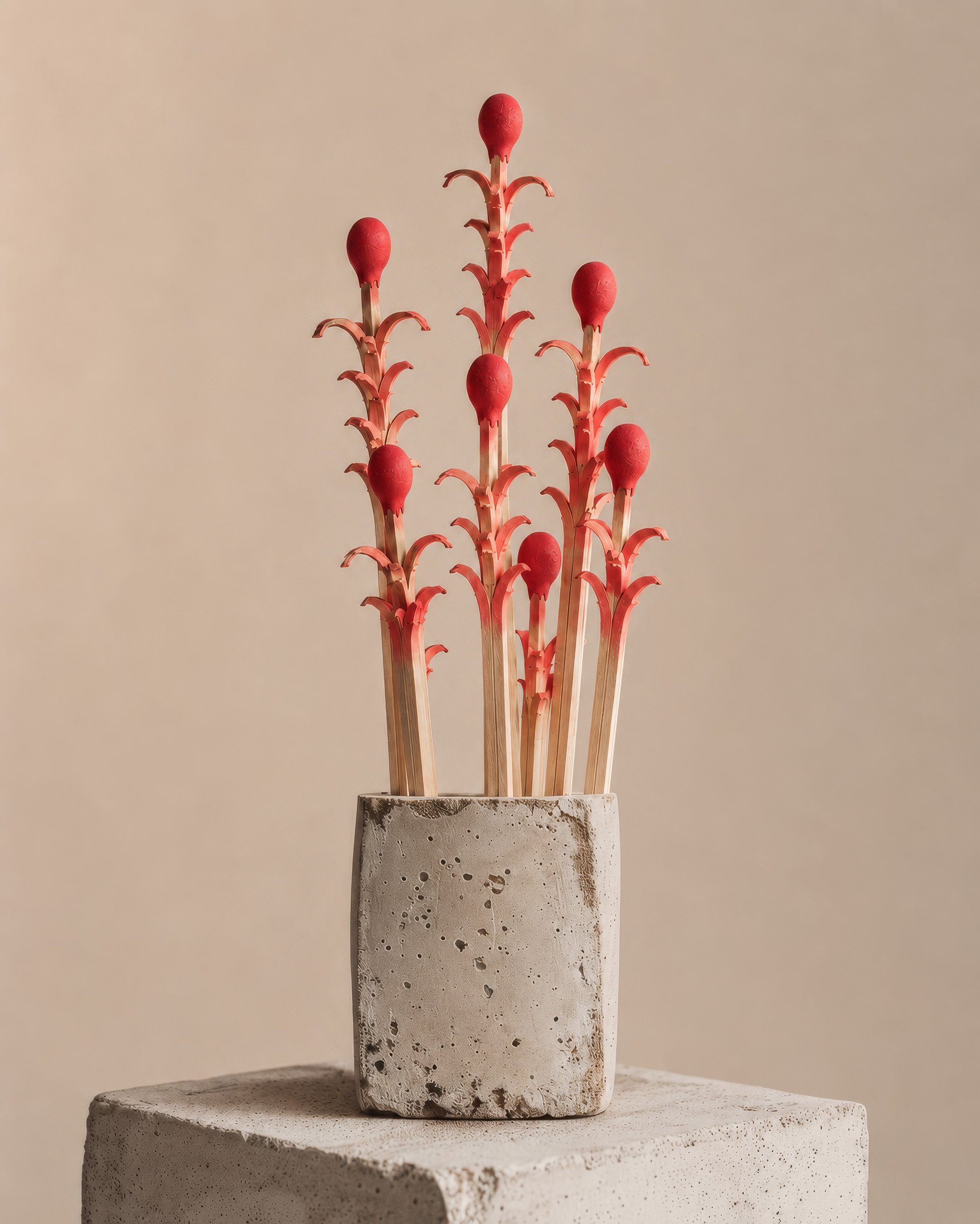 A beauty shot of a small stone container with design fire matchsticks like an art installation. Concept by Martin Lenclos
