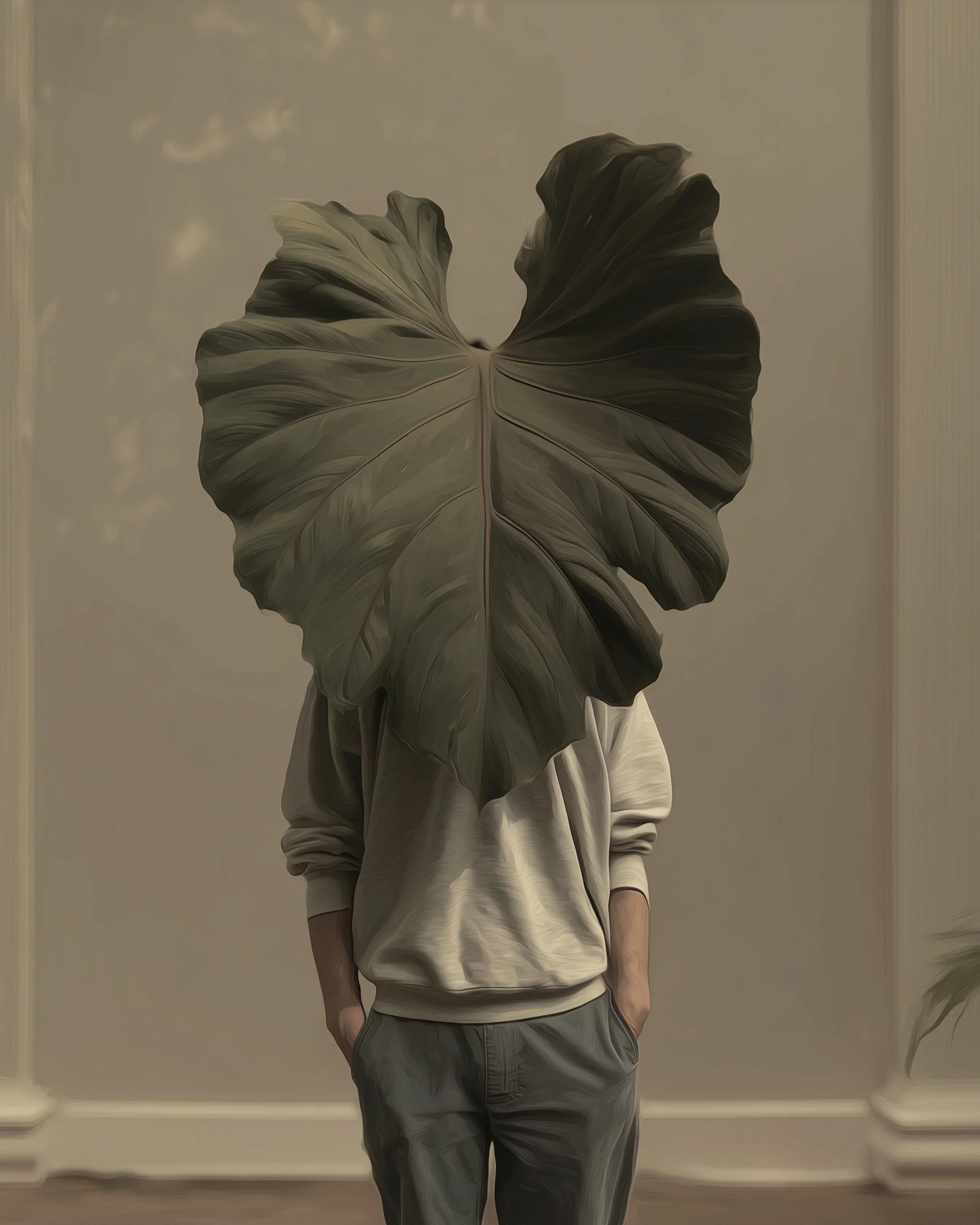 A person standing indoors against a plain wall, with a large dark leaf obscuring the face, creating a surreal portrait about identity and hidden self: The Dreamer names not the face we present, but the awareness behind the face.