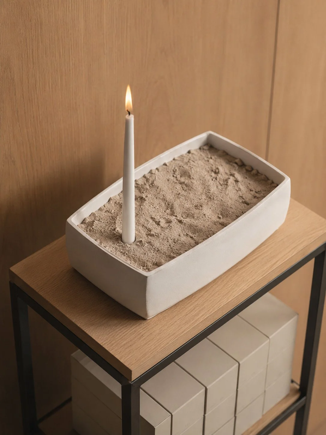 Memorial Candleholder II — A Candle a Day.  Design study — lack powder-coated steel / wax candles / ceramic dish / sand