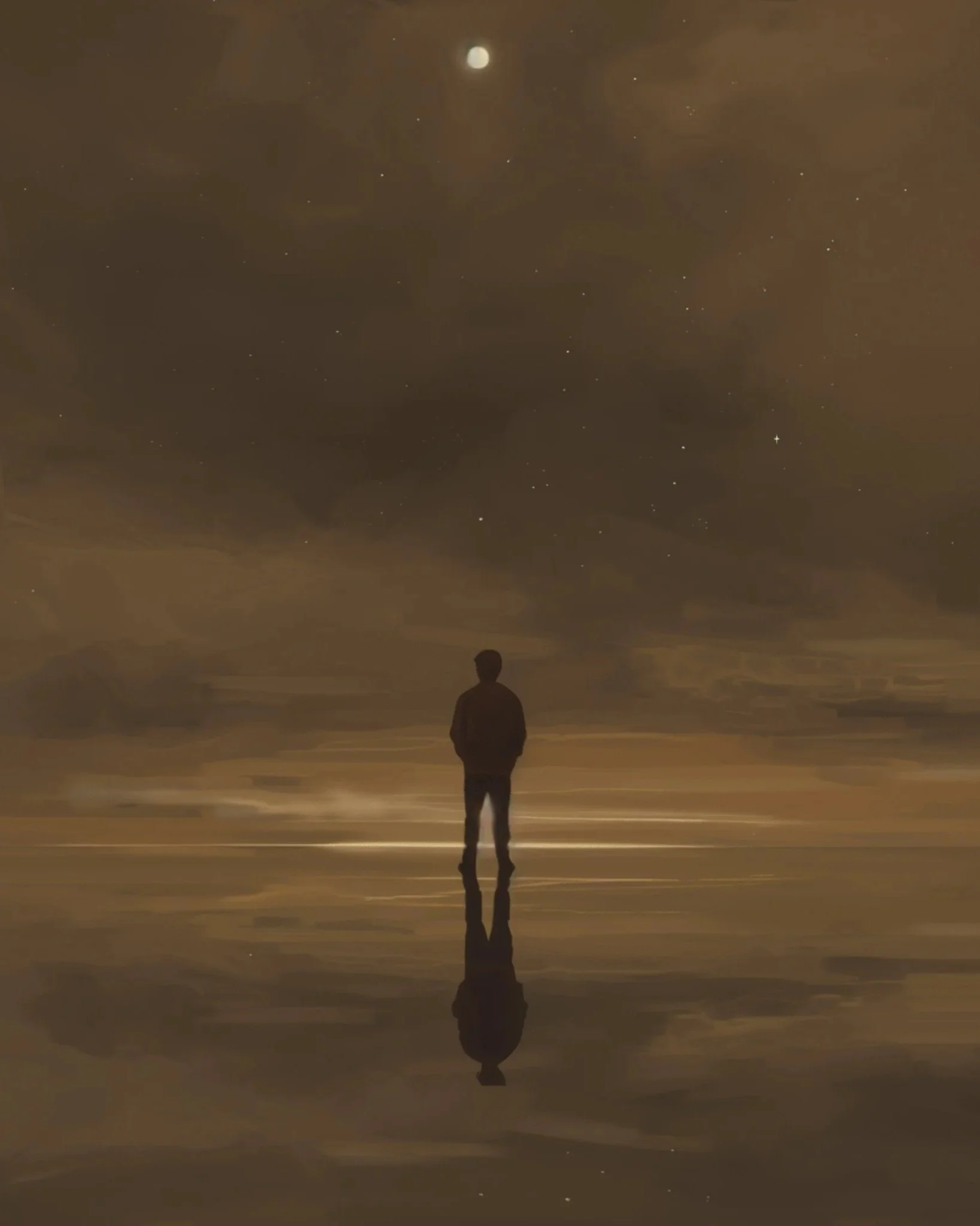 A solitary figure stands on a reflective surface under a vast starry sky, symbolizing awareness beyond the dream of the world.