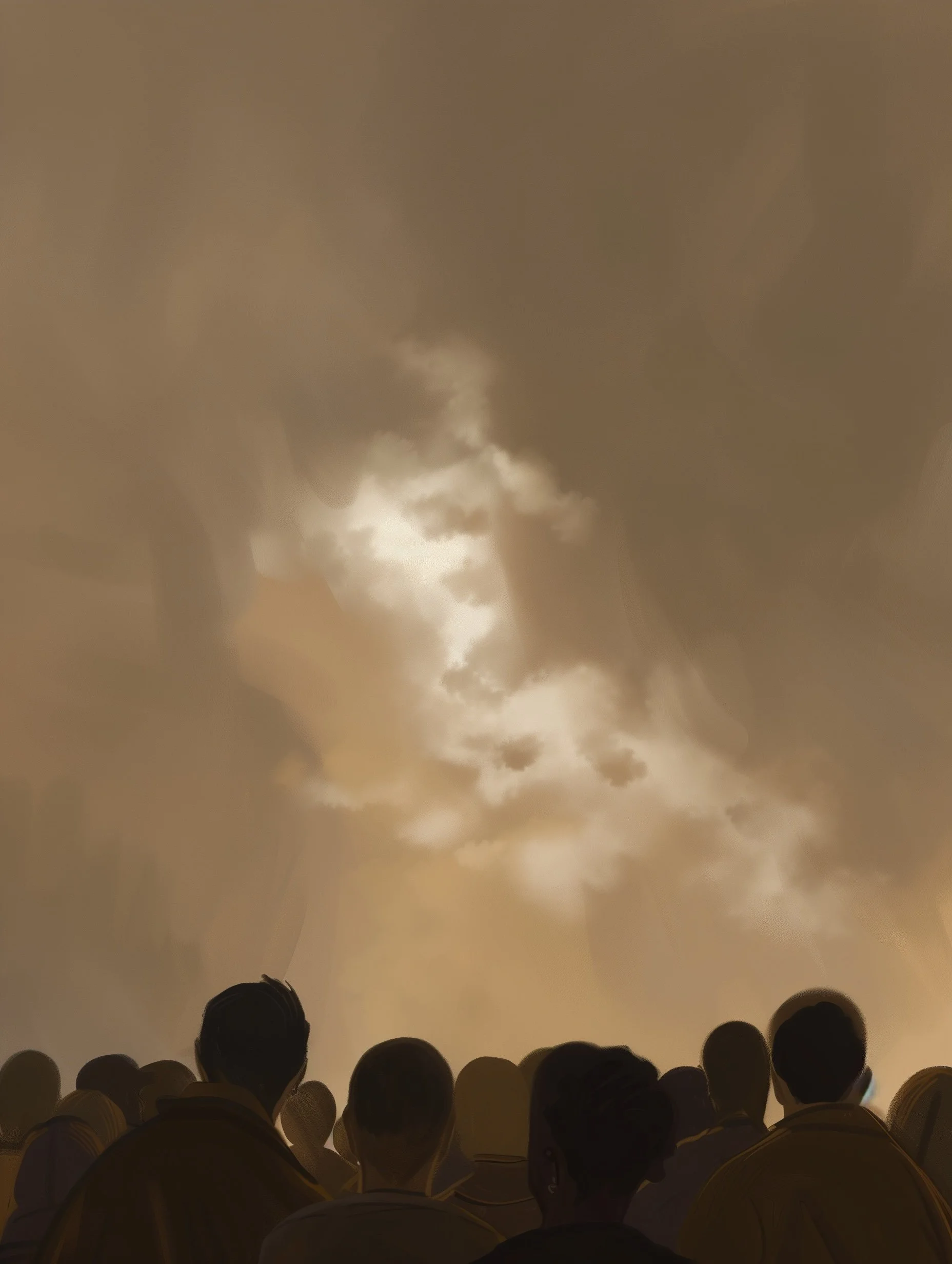 A crowd stands under a vast cloudy sky with no visible speaker, symbolizing a collective looking upward toward possibility beyond division.
