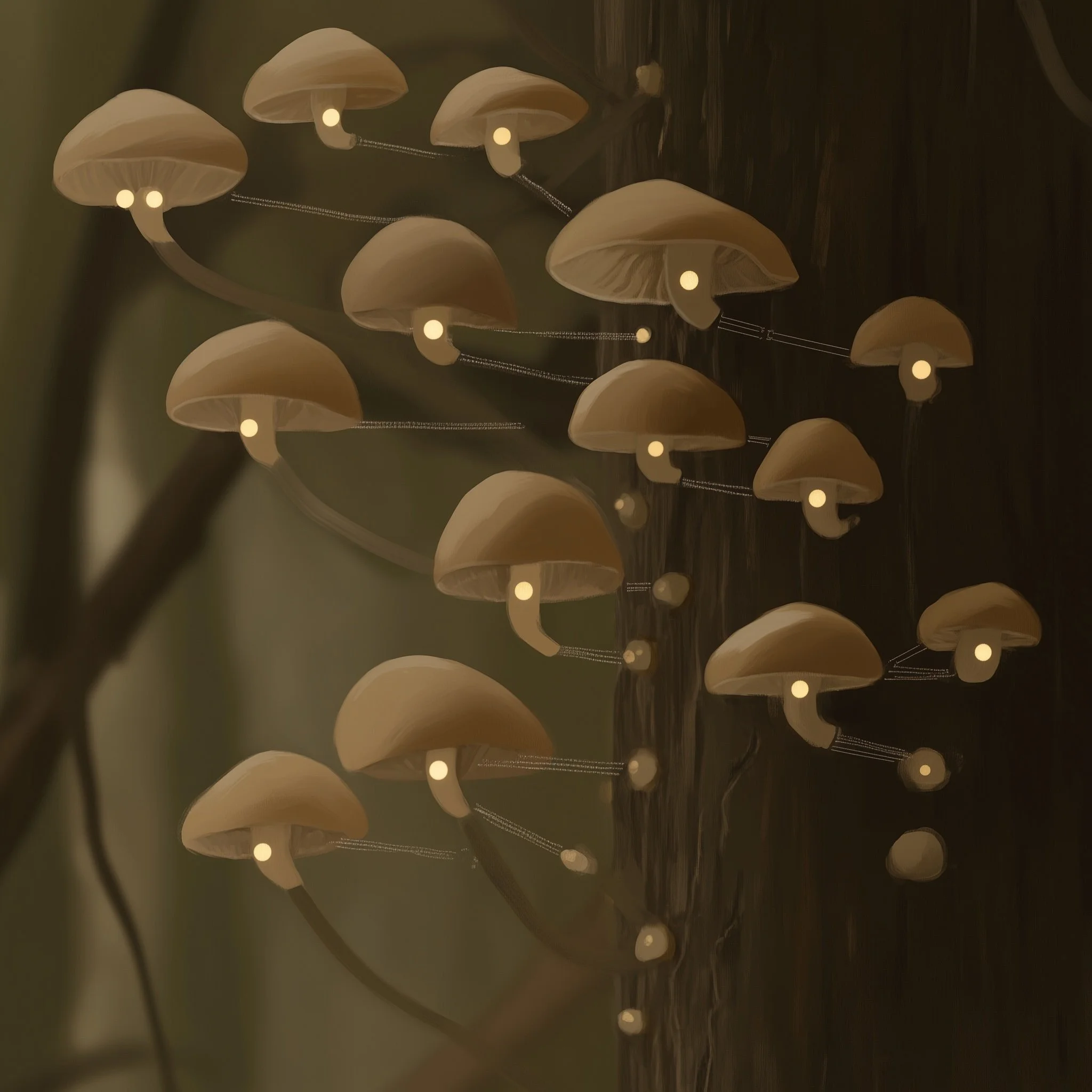 Floating mushrooms dissolving into geometric forms, symbolizing perception as interface.