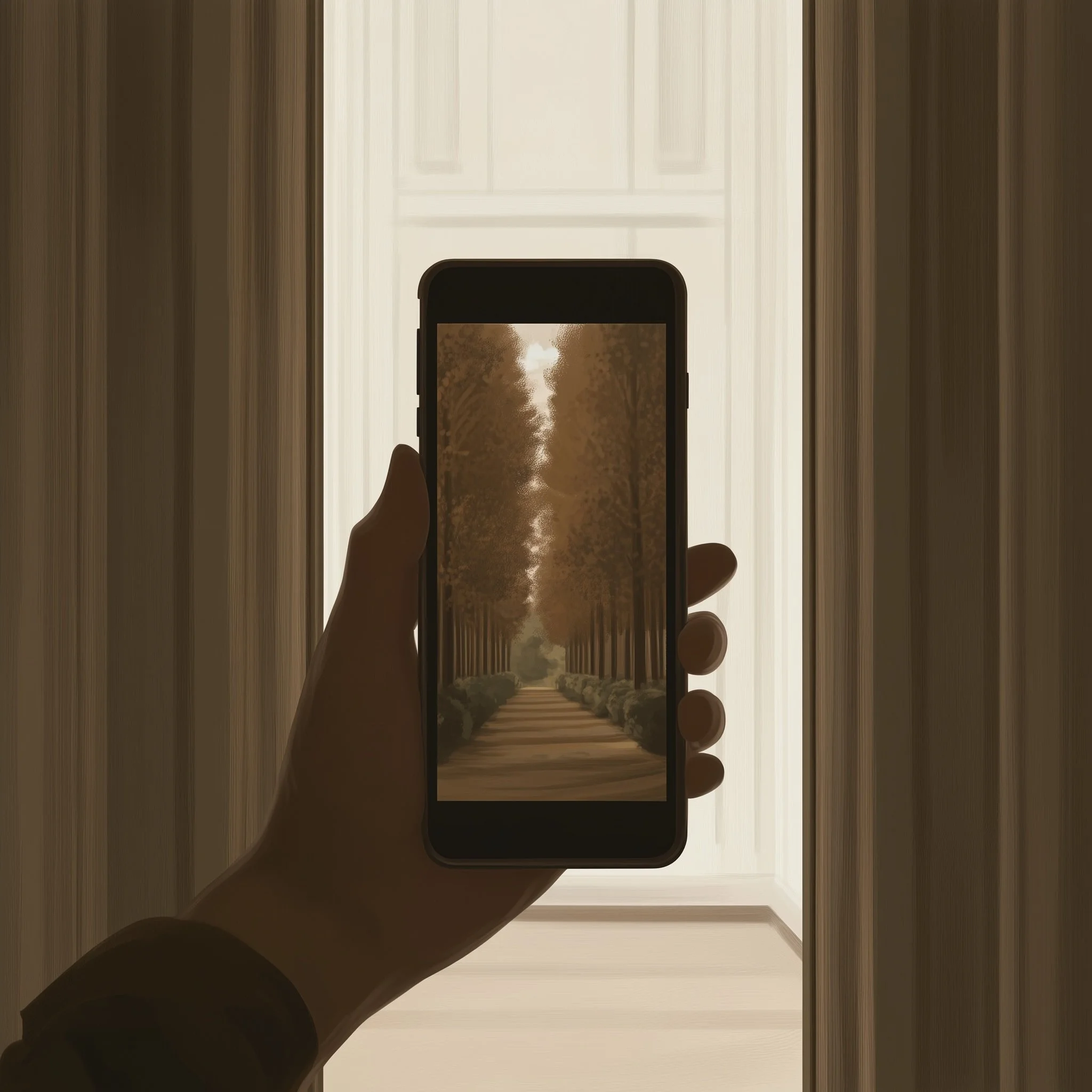 A figure reflected in shifting digital fragments, symbolizing AI as scaffolding for awakening.