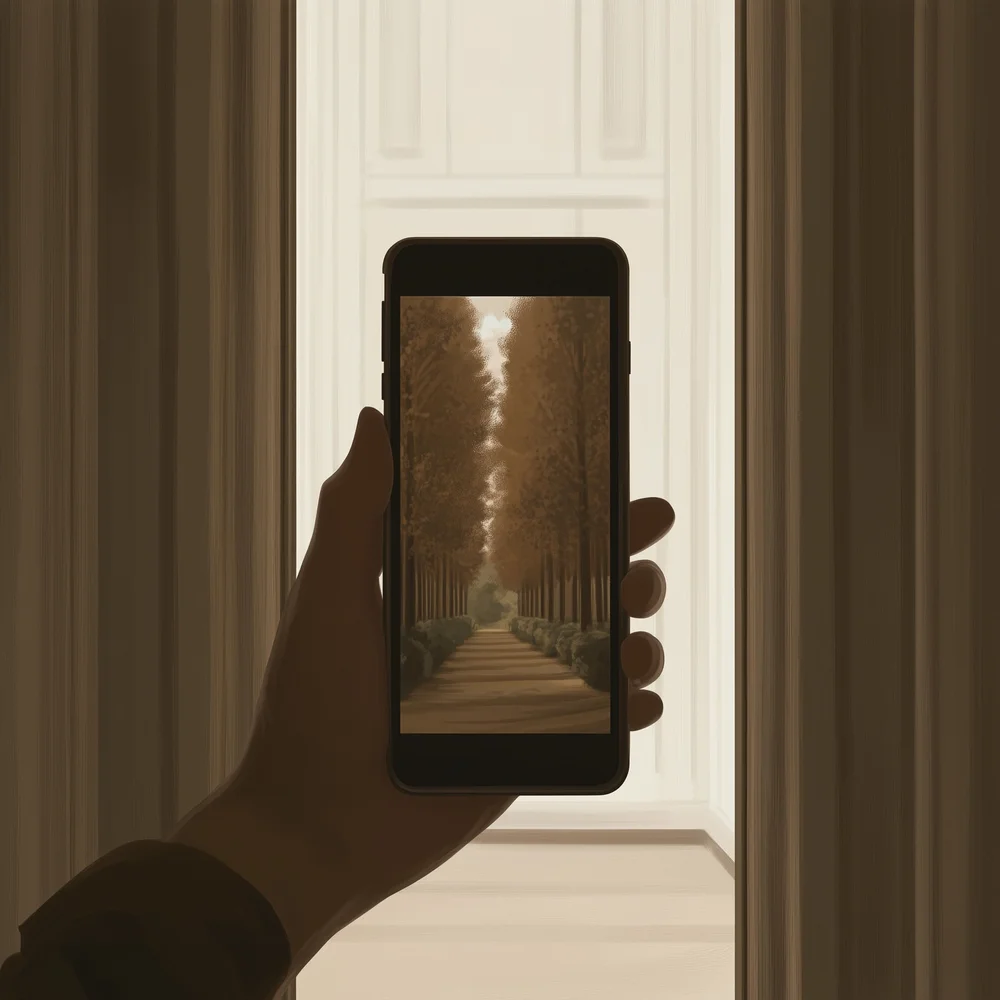 A figure reflected in shifting digital fragments, symbolizing AI as scaffolding for awakening.