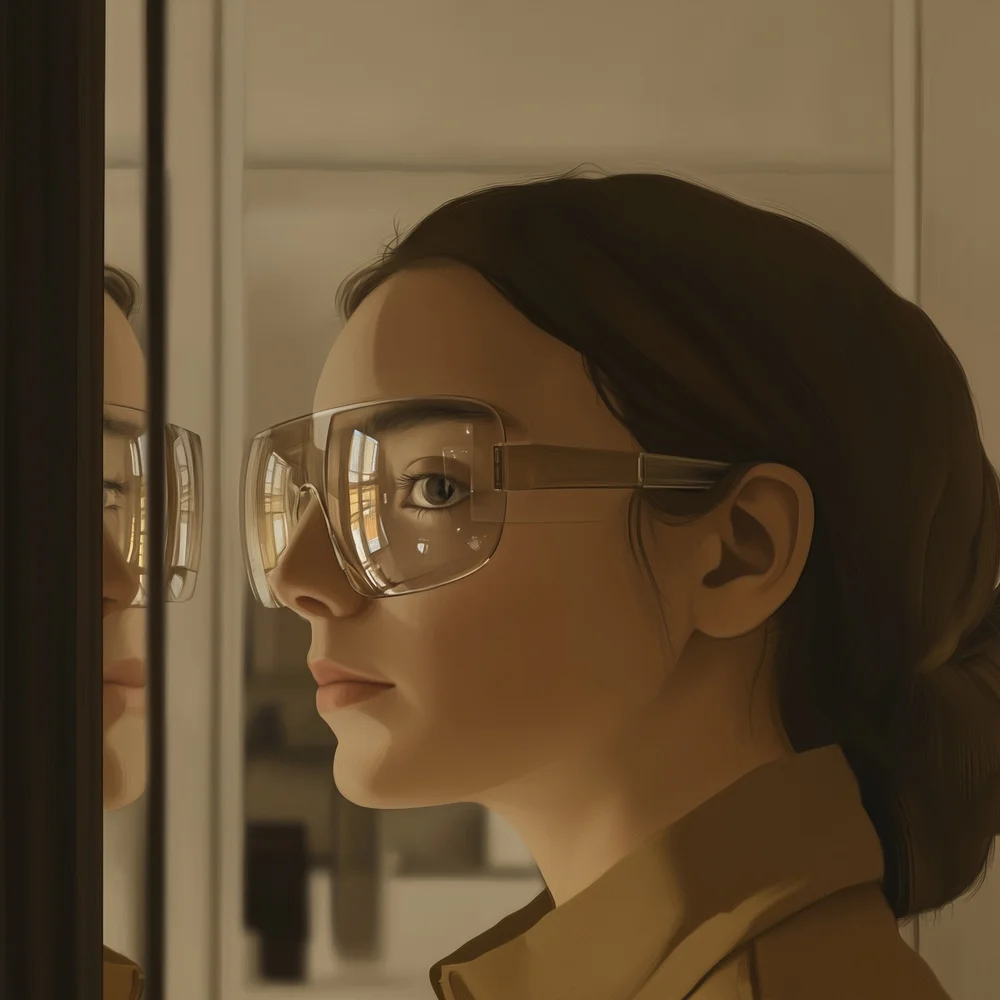 A face seen through layered transparent screens, symbolizing perception reframed through augmented vision.