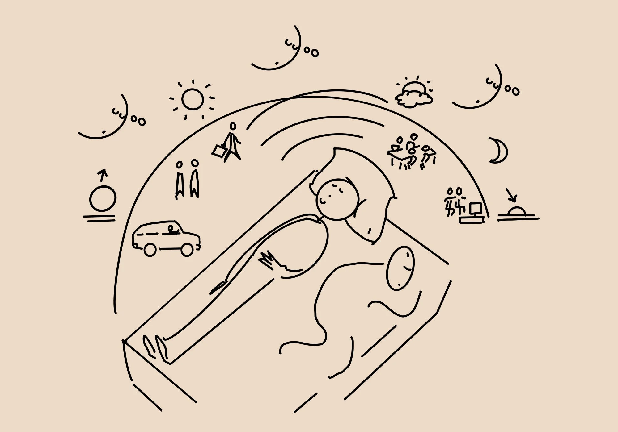 Field sketch — visual cue, not final symbol — awareness re-awakening inside the dream before the world begins to seem real.