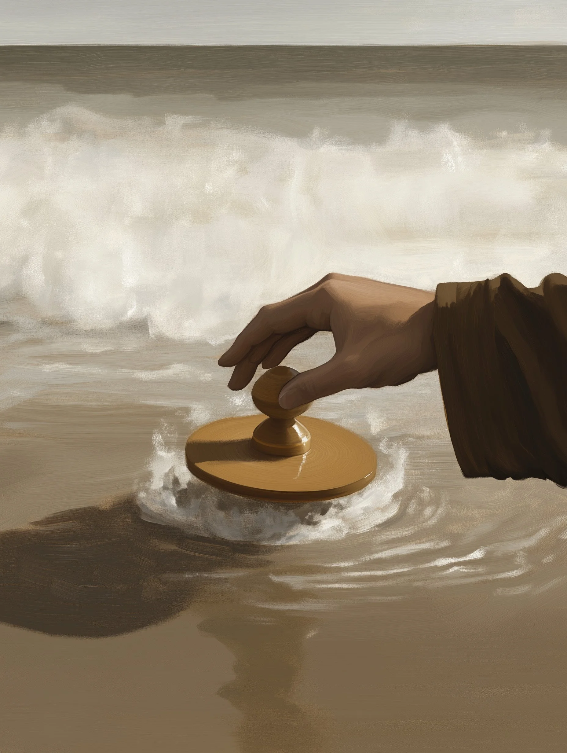 A hand spins a wooden top on wet sand in shallow water, turning an unstable shoreline into a testing ground.
