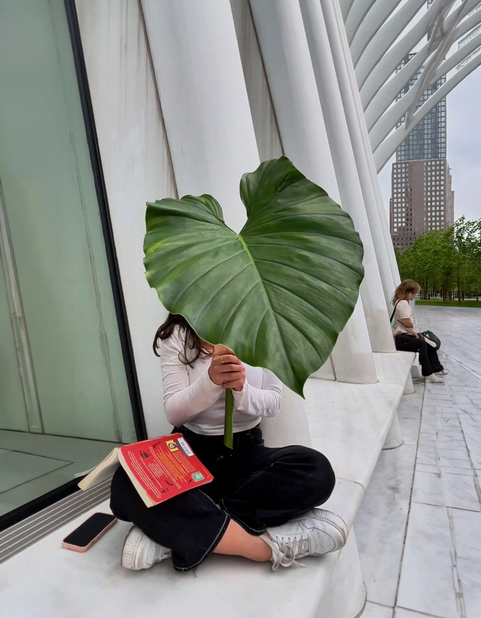 Woman sitting with a leaf in her hands covering her face. Photo taken in New York City as part of the video series LeafHead Field Project.